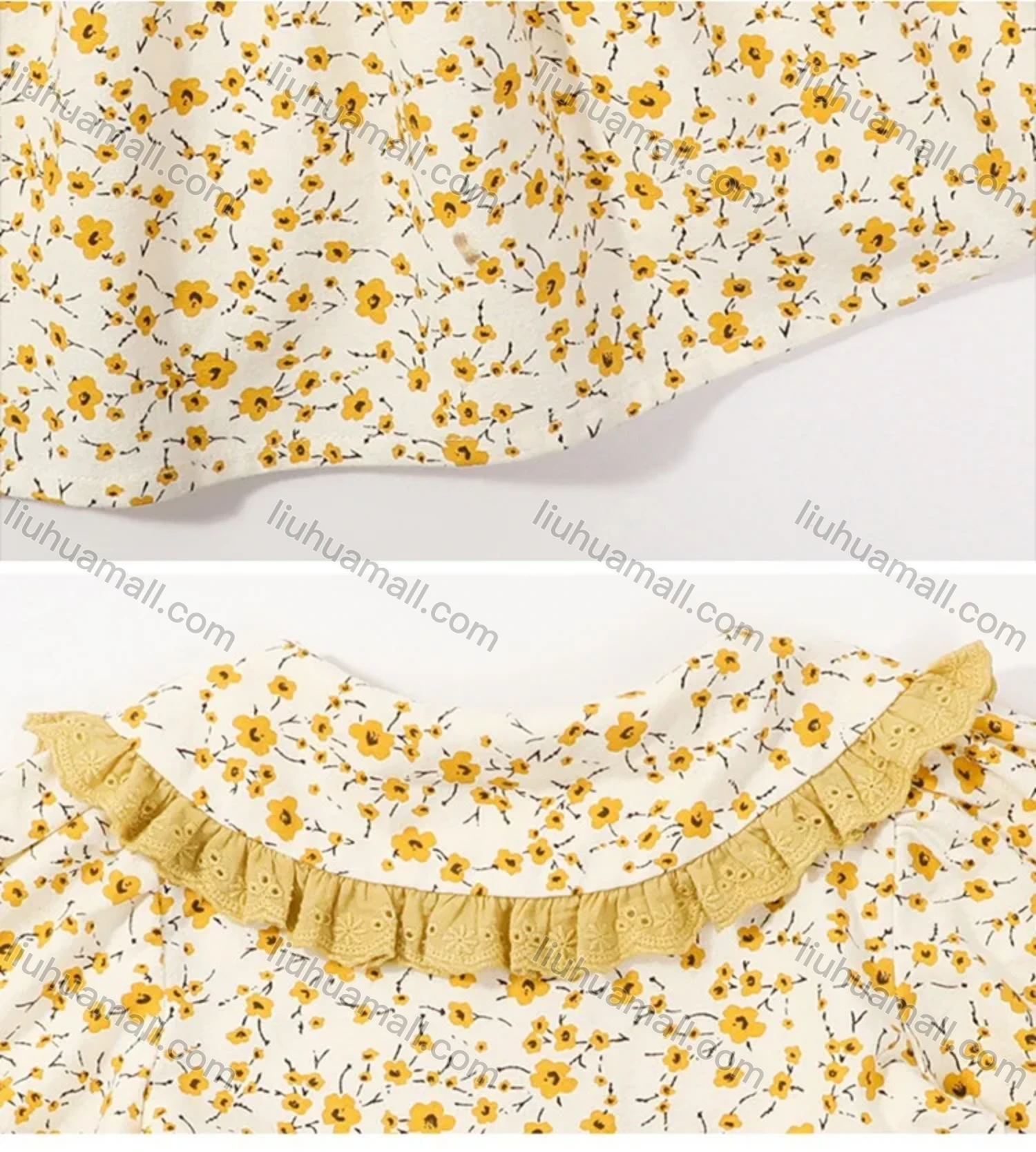 Wholesale Girls Lovely Peter Pan Collar Ditsy Floral Long Sleeve Ruched Pleated Dress - Liuhuamall