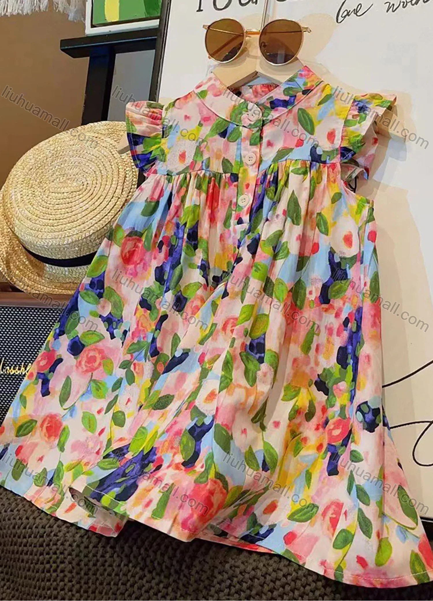 Wholesale Girls Lovely Mock Neck Ditsy Floral Button Front Ruched Ruffle Trim Tank Dress - Liuhuamall