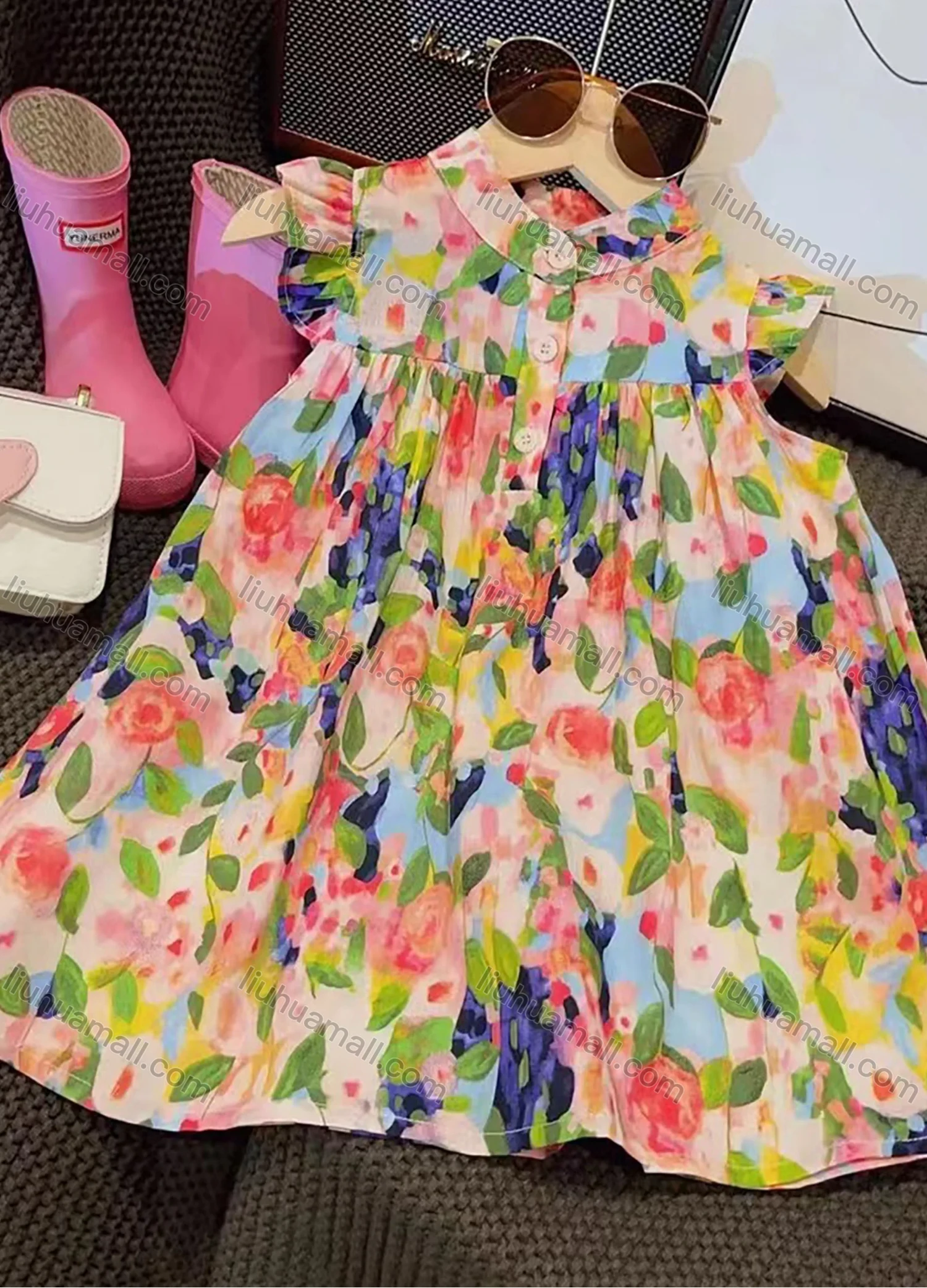 Wholesale Girls Lovely Mock Neck Ditsy Floral Button Front Ruched Ruffle Trim Tank Dress - Liuhuamall