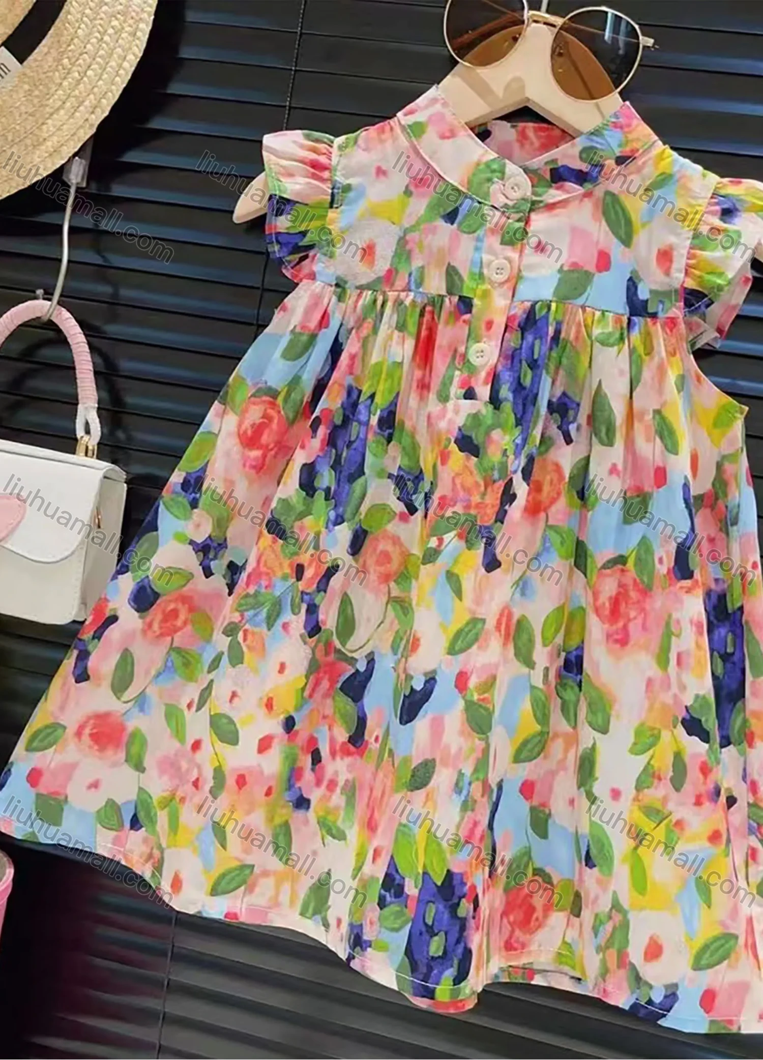 Wholesale Girls Lovely Mock Neck Ditsy Floral Button Front Ruched Ruffle Trim Tank Dress - Liuhuamall