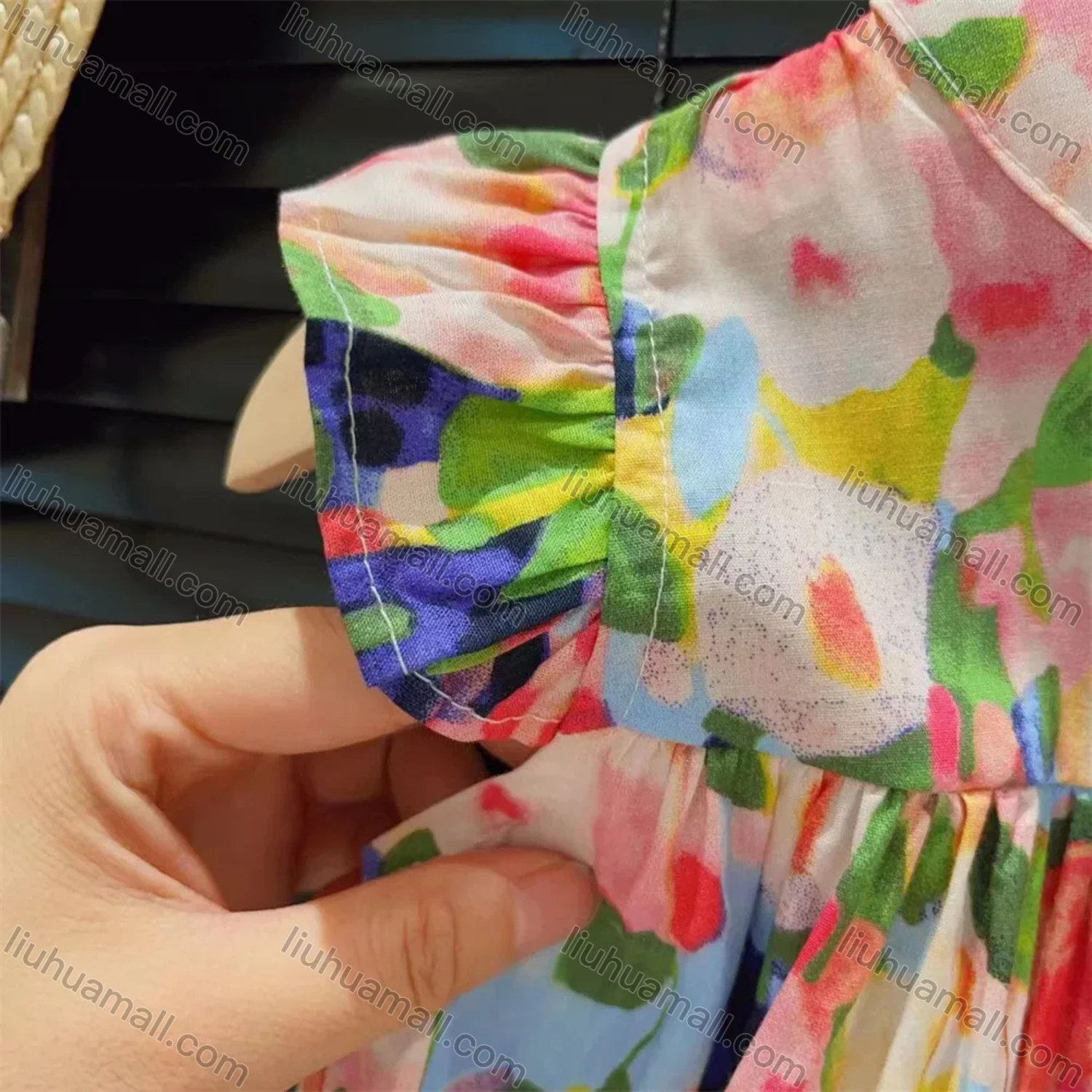 Wholesale Girls Lovely Mock Neck Ditsy Floral Button Front Ruched Ruffle Trim Tank Dress - Liuhuamall