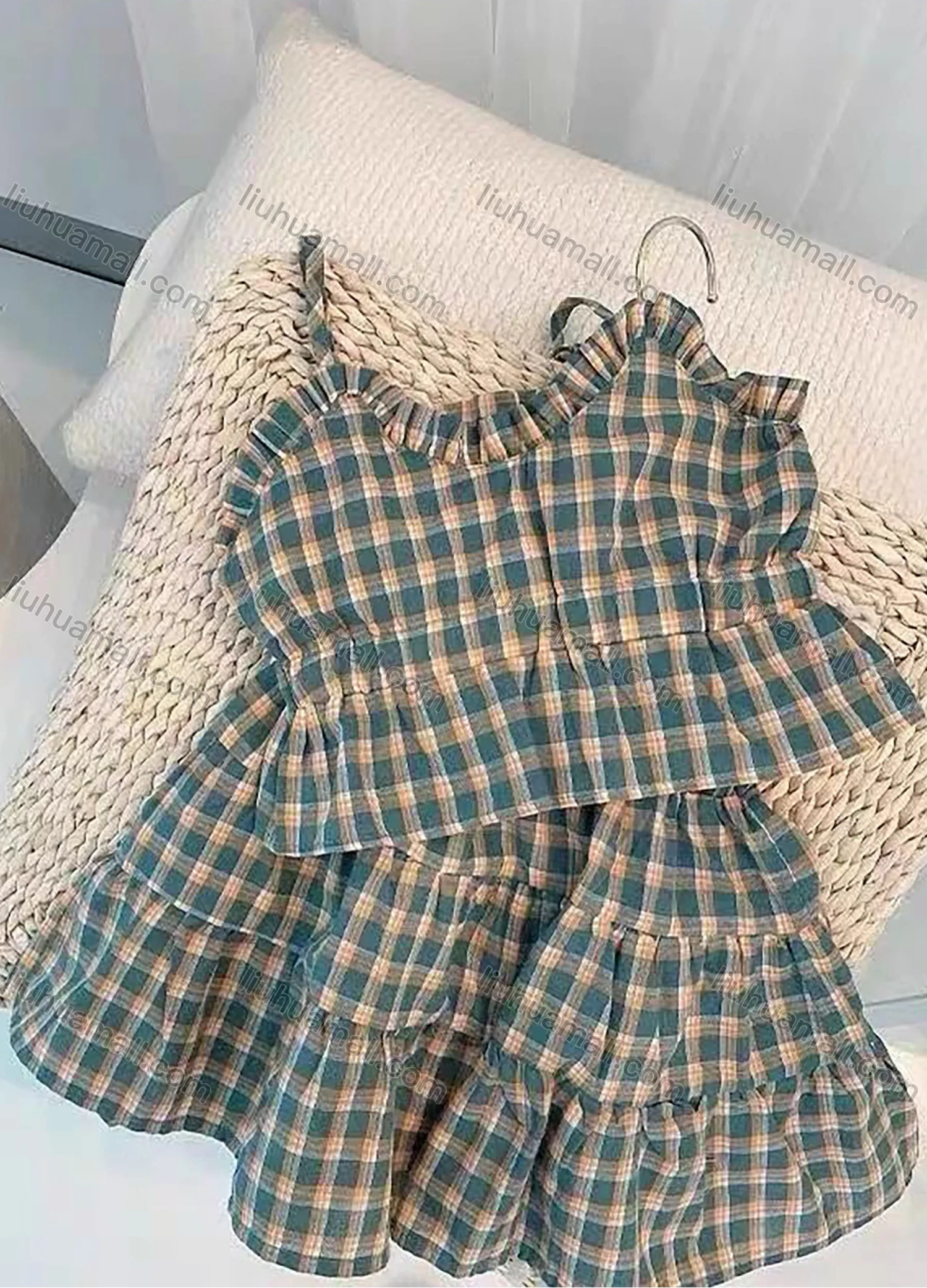 Wholesale Girls Casual Gingham Ruched Ruffle Trim Cami Top & Ruffle Hem Skirt Sets - Liuhuamall