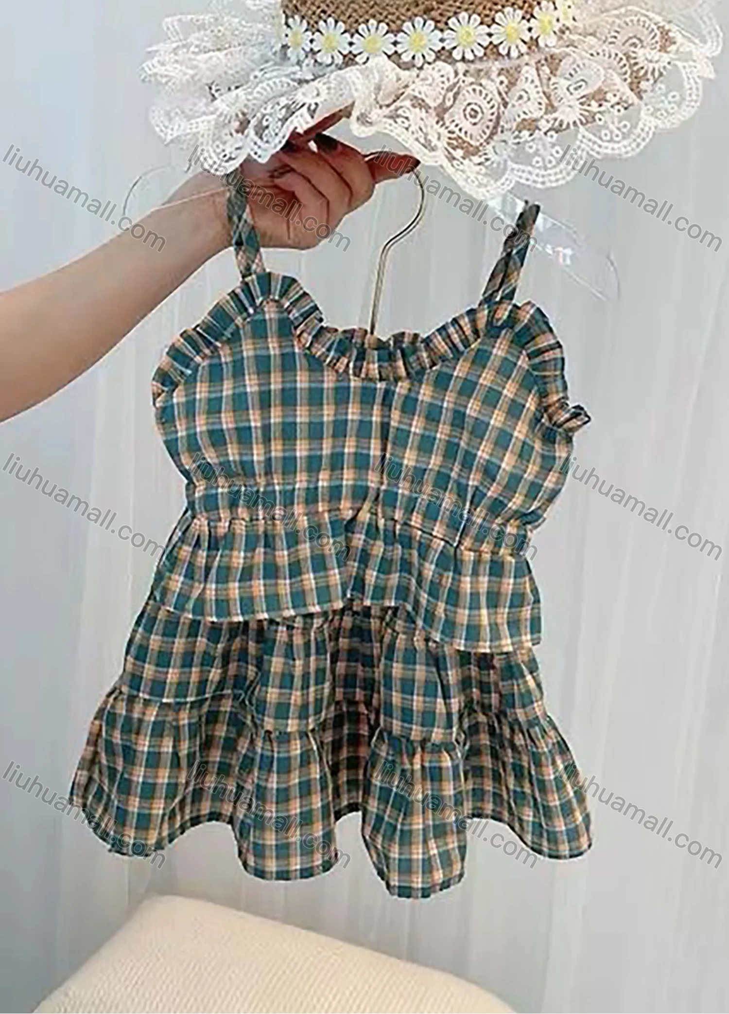 Wholesale Girls Casual Gingham Ruched Ruffle Trim Cami Top & Ruffle Hem Skirt Sets - Liuhuamall