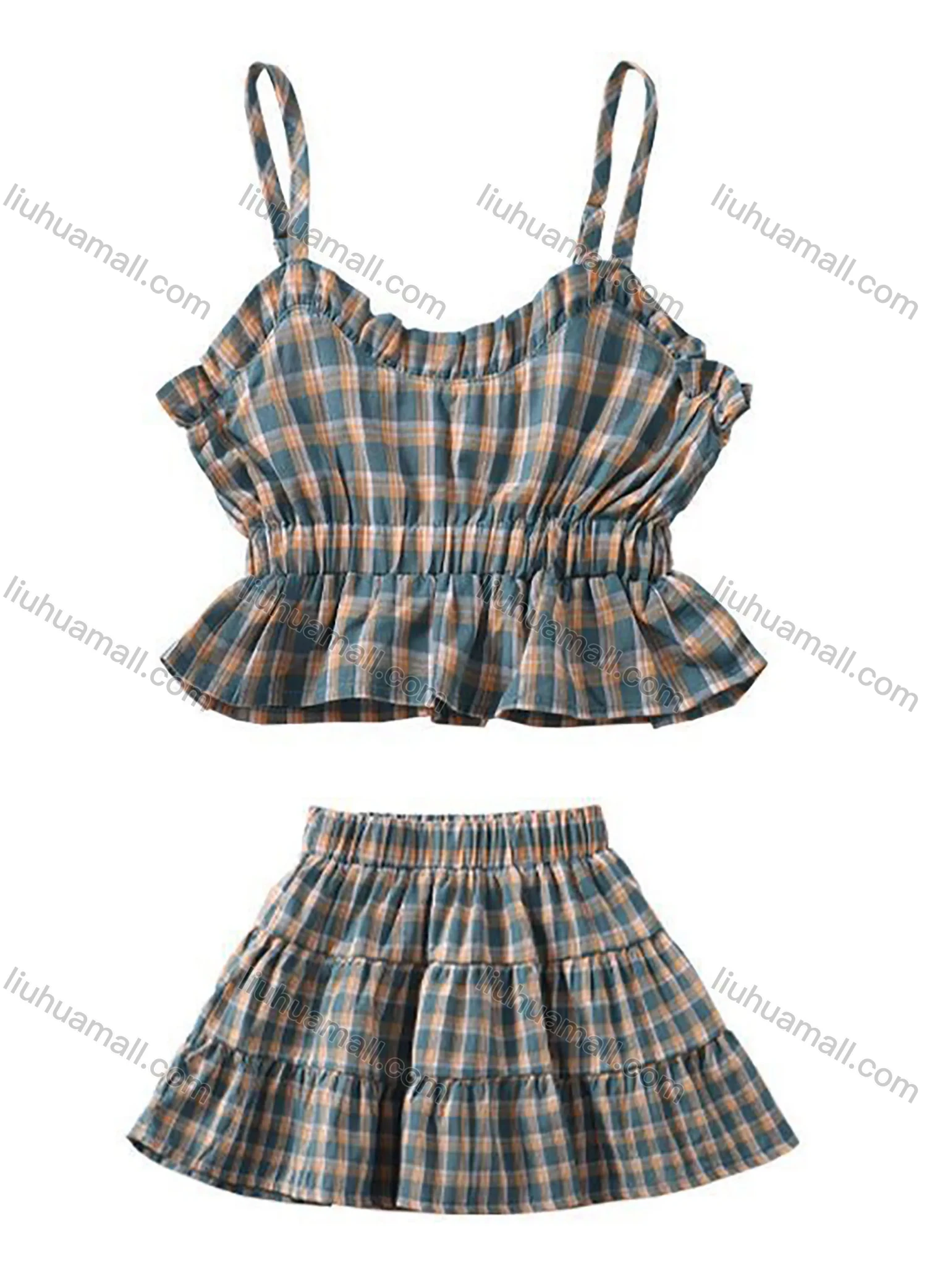 Wholesale Girls Casual Gingham Ruched Ruffle Trim Cami Top & Ruffle Hem Skirt Sets - Liuhuamall