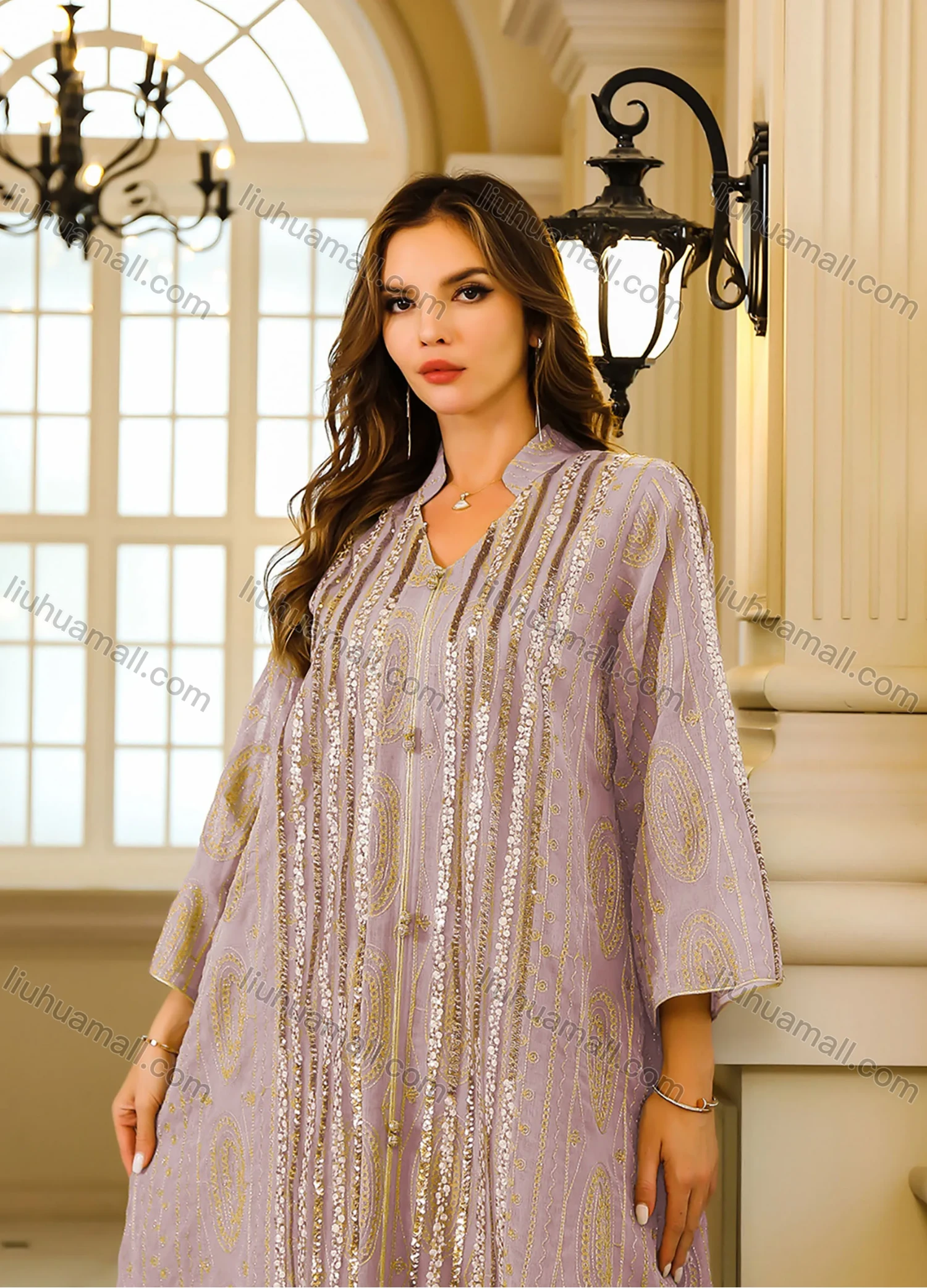 Wholesale Women's Elegant Muslim Folk Art Sequin Long Sleeve Notched Neck Abaya Maxi Dress - Liuhuamall