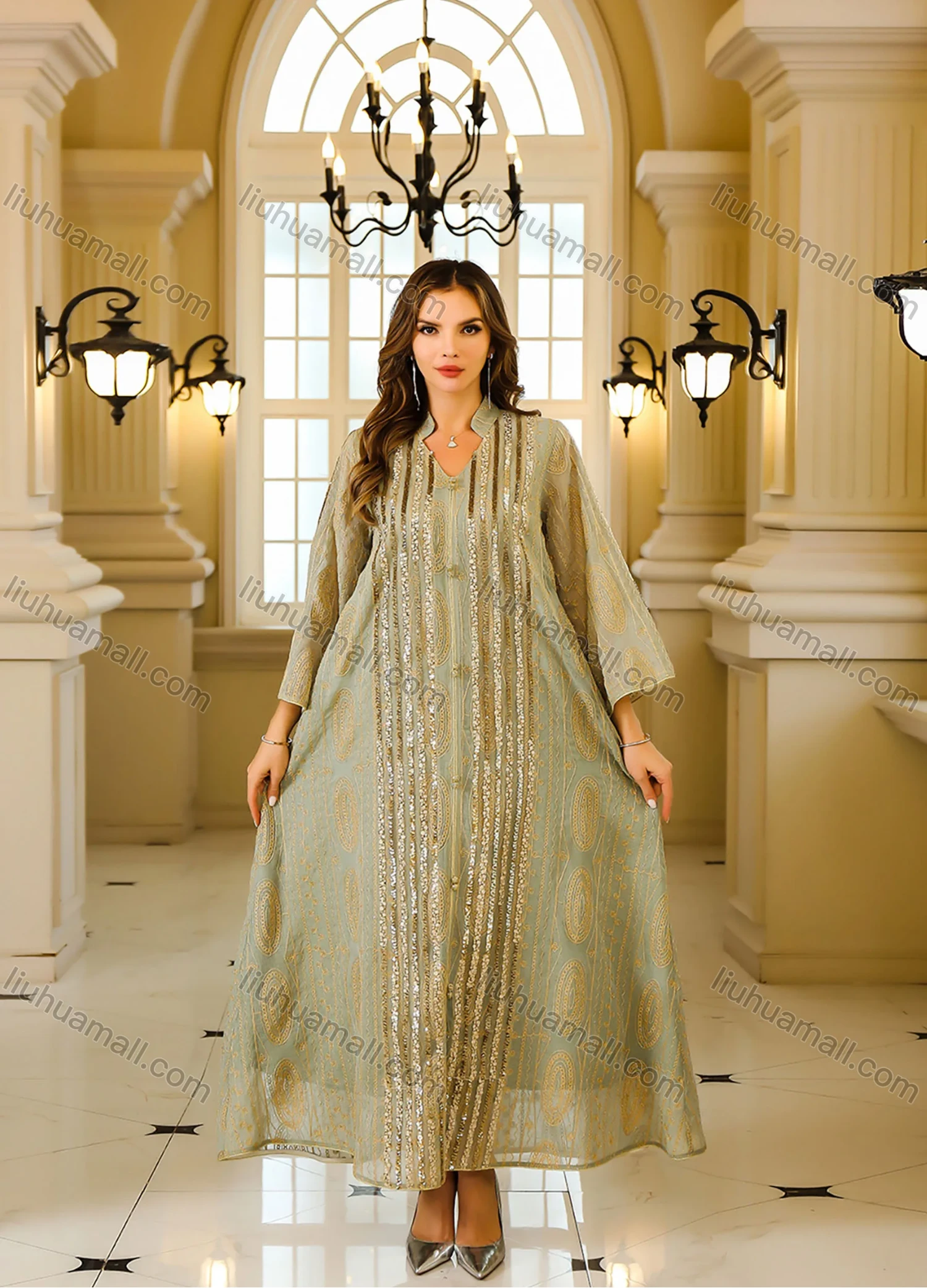 Wholesale Women's Elegant Muslim Folk Art Sequin Long Sleeve Notched Neck Abaya Maxi Dress - Liuhuamall