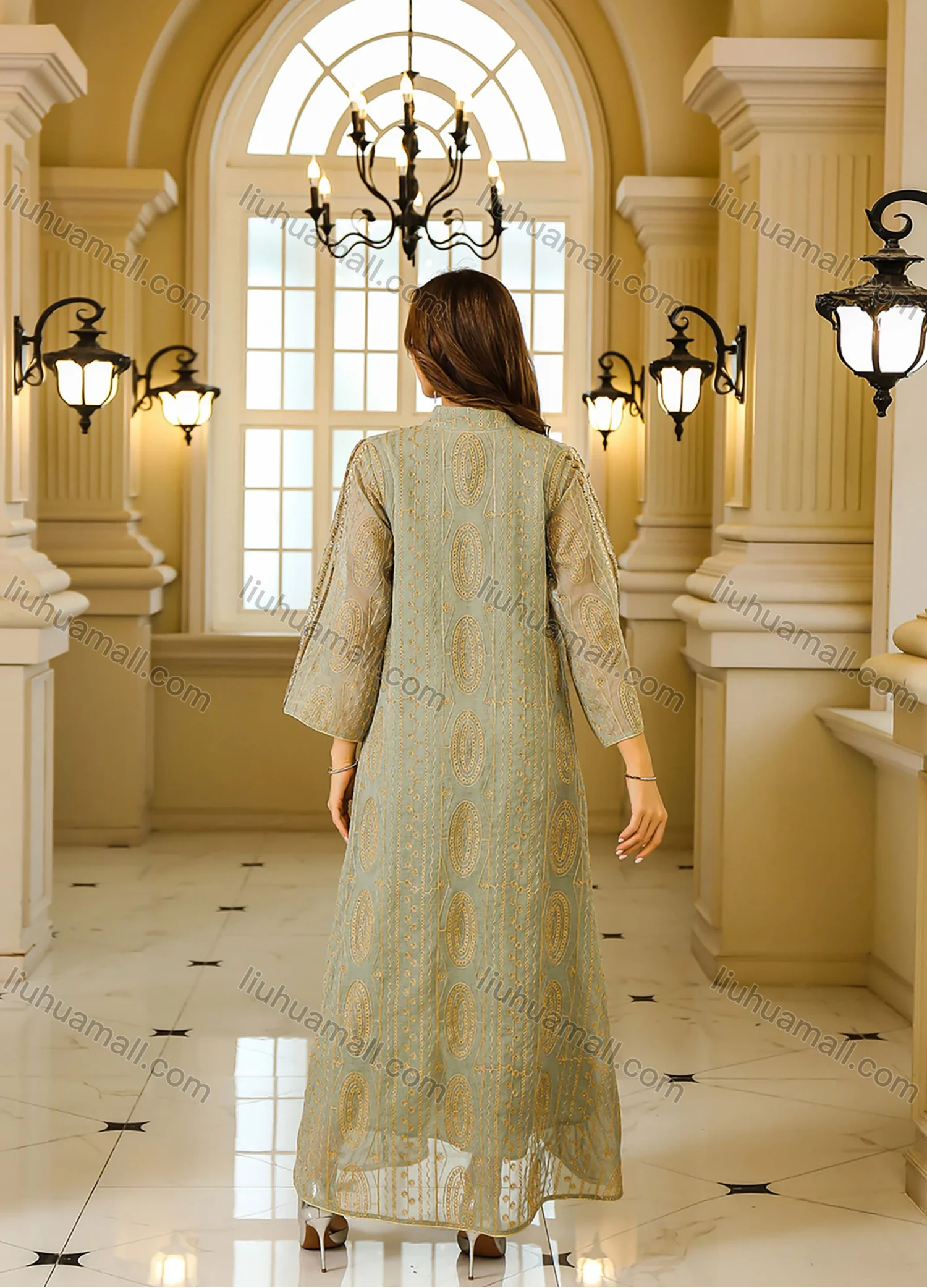 Wholesale Women's Elegant Muslim Folk Art Sequin Long Sleeve Notched Neck Abaya Maxi Dress - Liuhuamall