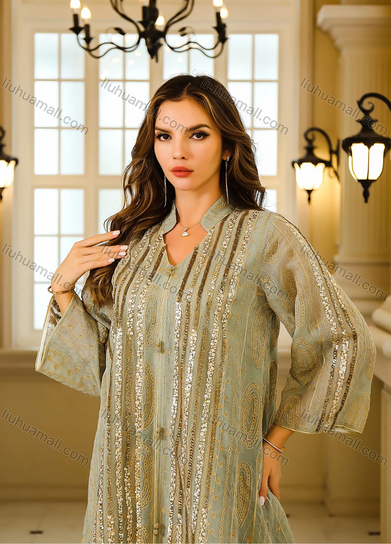 Wholesale Women's Elegant Muslim Folk Art Sequin Long Sleeve Notched Neck Abaya Maxi Dress - Liuhuamall