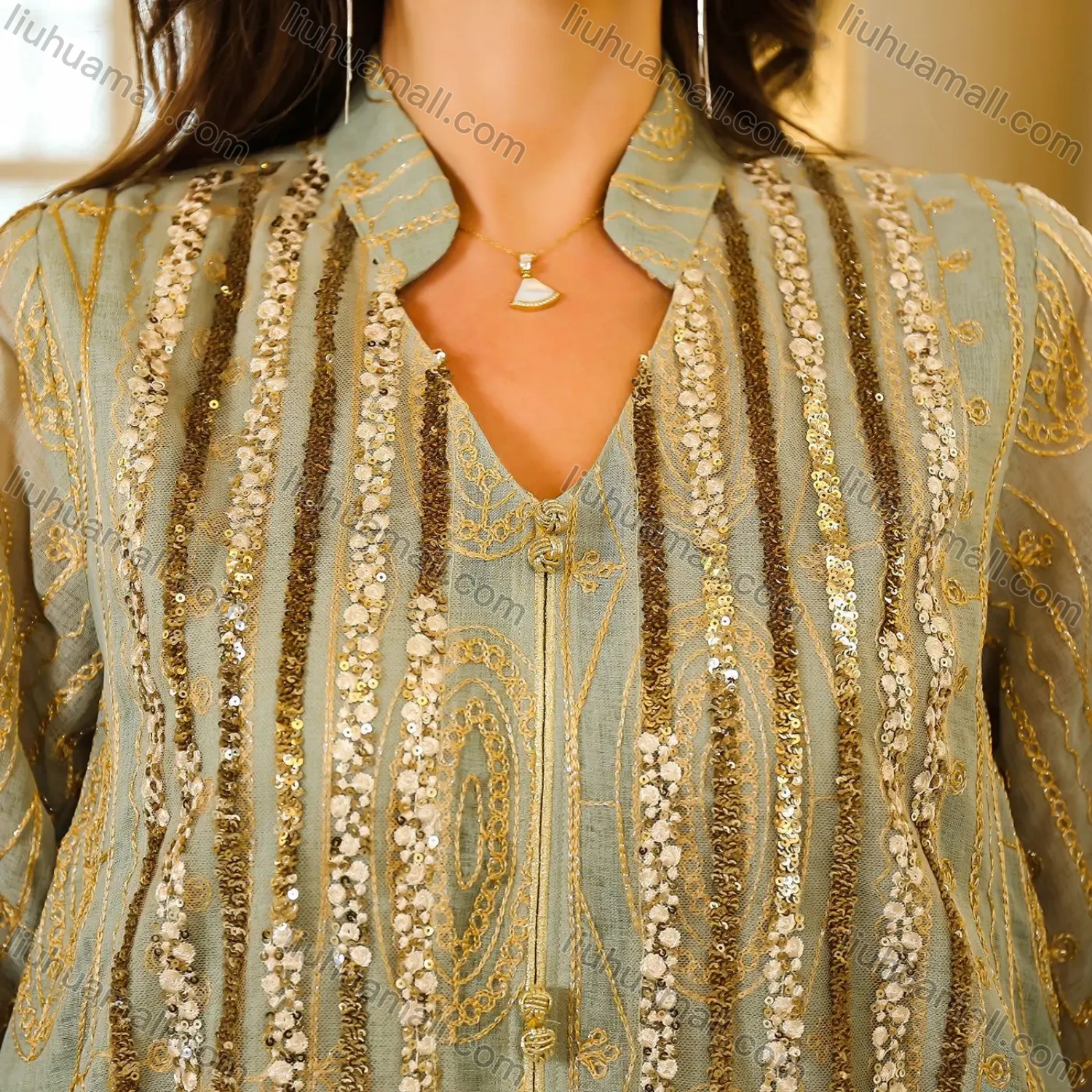 Wholesale Women's Elegant Muslim Folk Art Sequin Long Sleeve Notched Neck Abaya Maxi Dress - Liuhuamall