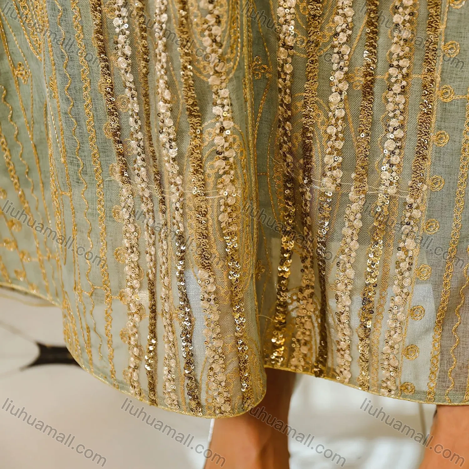 Wholesale Women's Elegant Muslim Folk Art Sequin Long Sleeve Notched Neck Abaya Maxi Dress - Liuhuamall