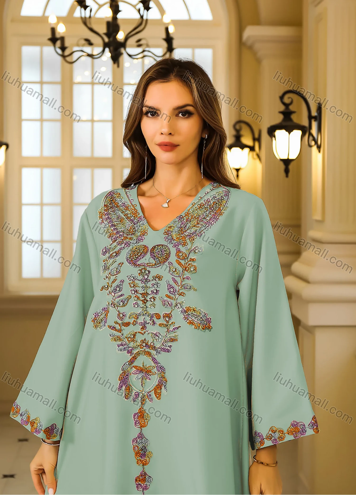 Wholesale Women's Elegant Embroidery Folk Art Paisley Rhinestone Beaded Long Sleeve V Neck Abaya Maxi Dress - Liuhuamall