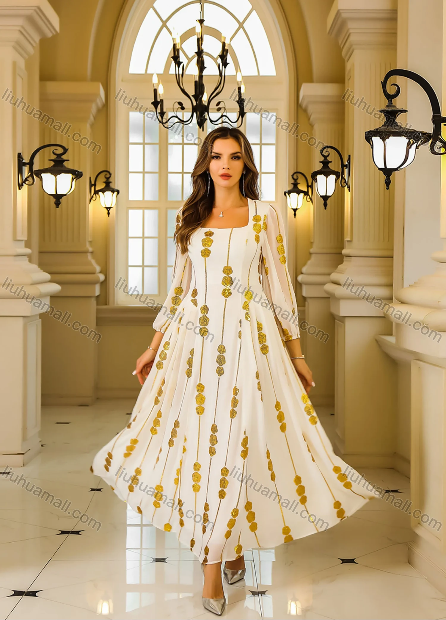 Wholesale Women's Elegant Sequin Floral Striped Pleated Semi-sheer Long Sleeve Square Neck Abaya Maxi Dress - Liuhuamall