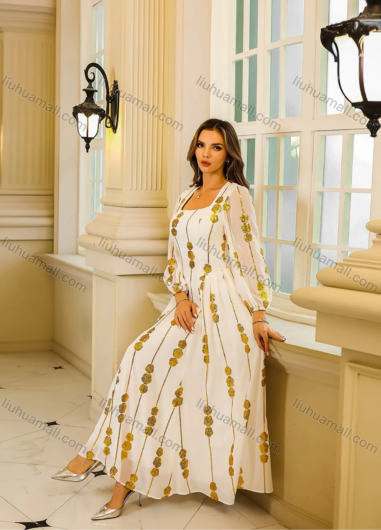 Wholesale Women's Elegant Sequin Floral Striped Pleated Semi-sheer Long Sleeve Square Neck Abaya Maxi Dress - Liuhuamall