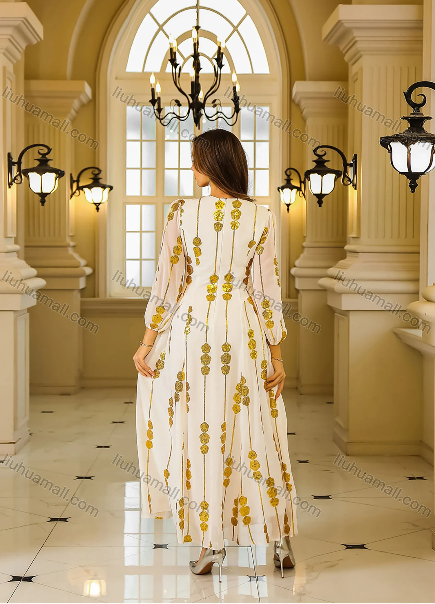 Wholesale Women's Elegant Sequin Floral Striped Pleated Semi-sheer Long Sleeve Square Neck Abaya Maxi Dress - Liuhuamall