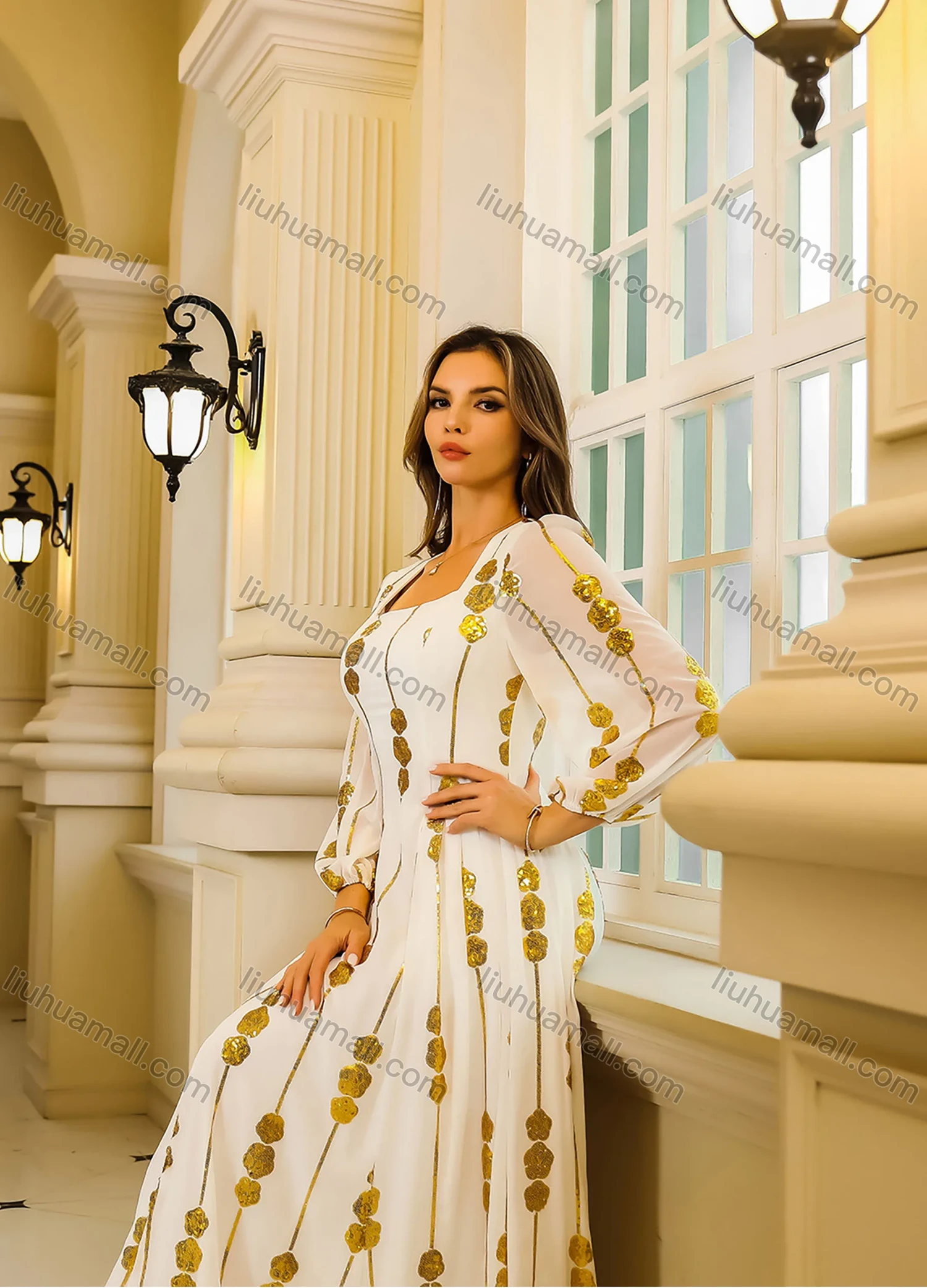 Wholesale Women's Elegant Sequin Floral Striped Pleated Semi-sheer Long Sleeve Square Neck Abaya Maxi Dress - Liuhuamall