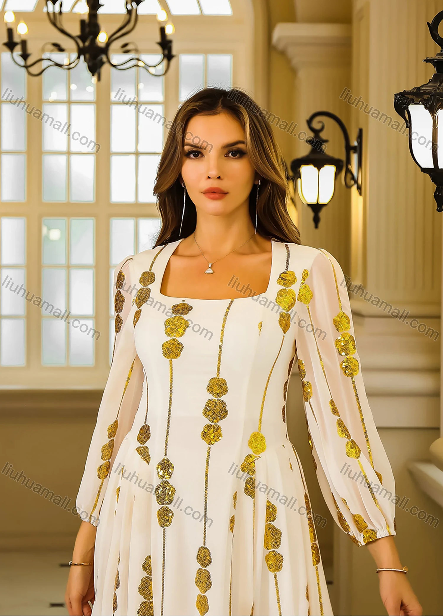 Wholesale Women's Elegant Sequin Floral Striped Pleated Semi-sheer Long Sleeve Square Neck Abaya Maxi Dress - Liuhuamall