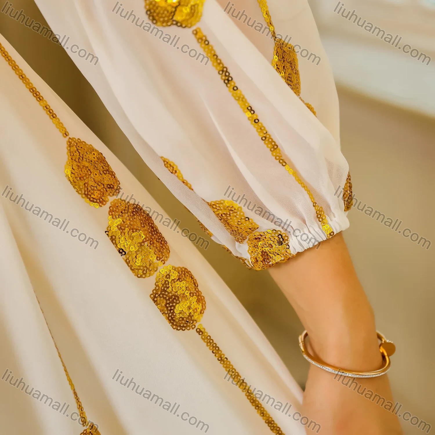 Wholesale Women's Elegant Sequin Floral Striped Pleated Semi-sheer Long Sleeve Square Neck Abaya Maxi Dress - Liuhuamall