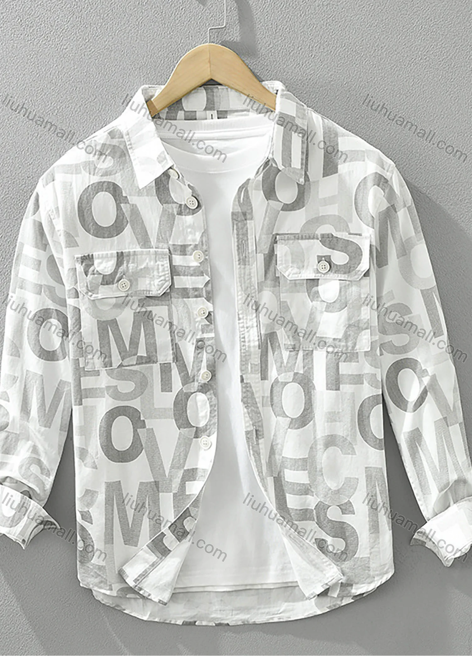 Wholesale Men's 100%Cotton Collared Letter Print Long Sleeve Button Down Casual Flap Pockets Shirt - Liuhuamall