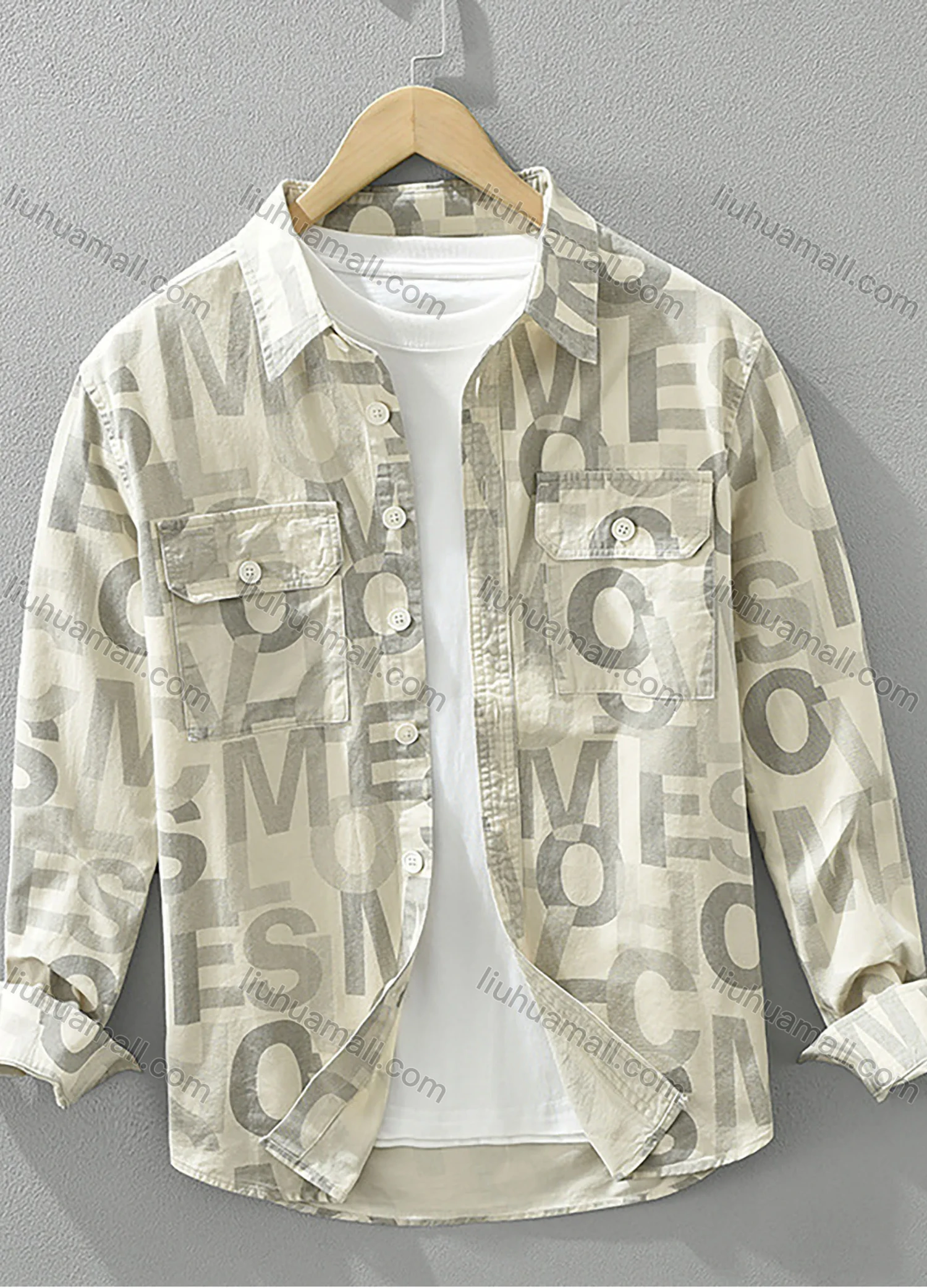 Wholesale Men's 100%Cotton Collared Letter Print Long Sleeve Button Down Casual Flap Pockets Shirt - Liuhuamall