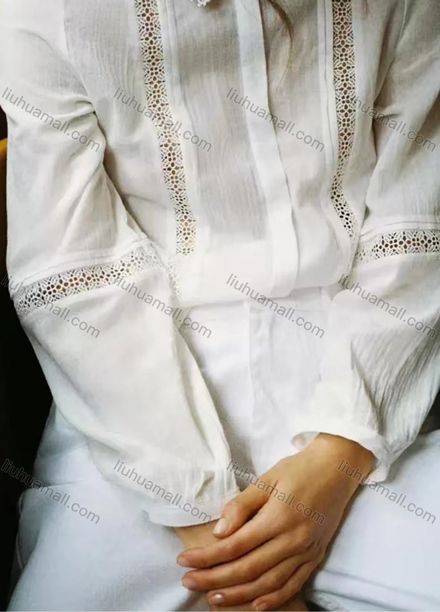 Wholesale Women's Elegant Long Sleeve Collared Plain Guipure Lace Button Down Shirt - Liuhuamall