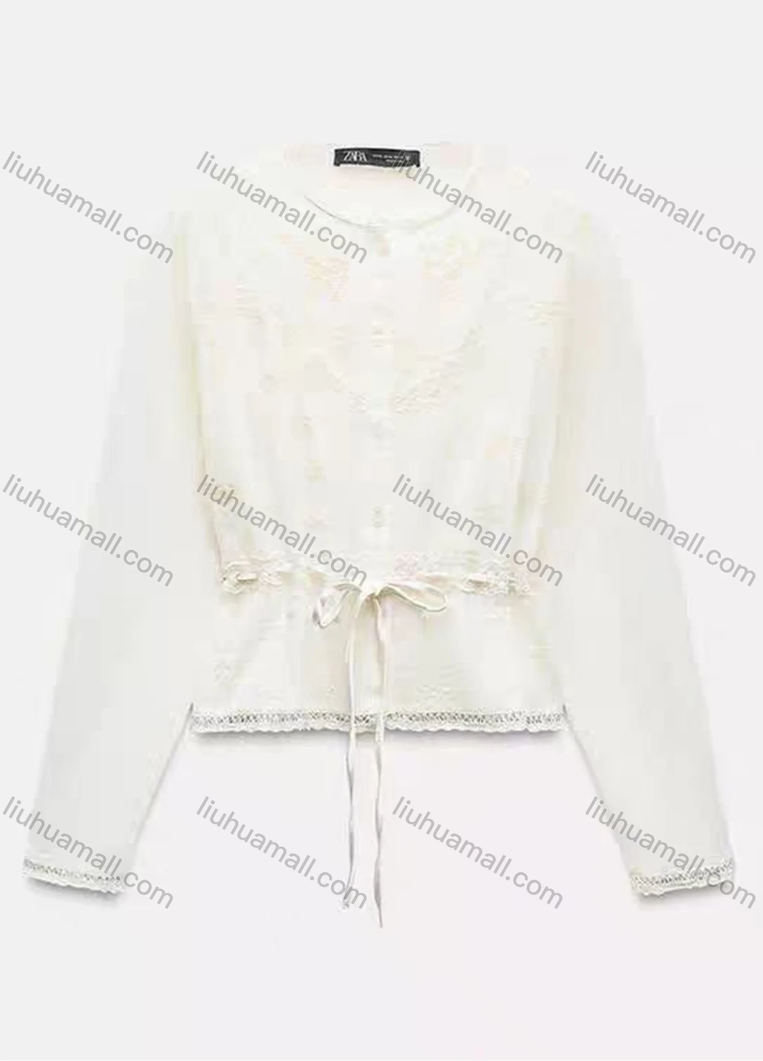 Wholesale Women's Casual Long Sleeve Crew Neck Plain Scallop Hem Embroidery Lace Hollow Out Drawstring Blouse - Liuhuamall