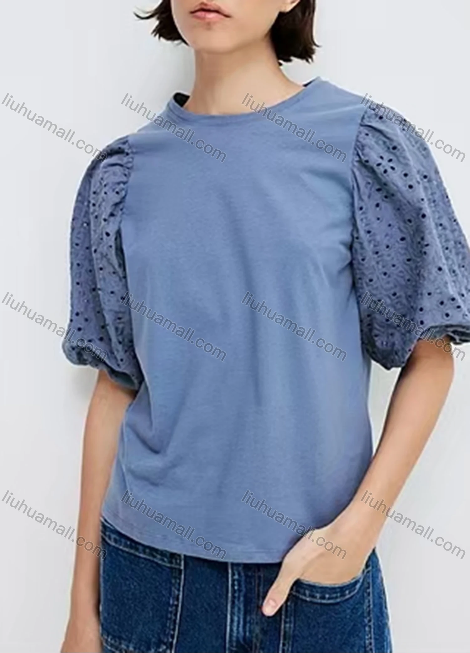 Wholesale Women's Casual Puff Sleeve Crew Neck Plain Eyelet Embroidered Ruched Blouse - Liuhuamall