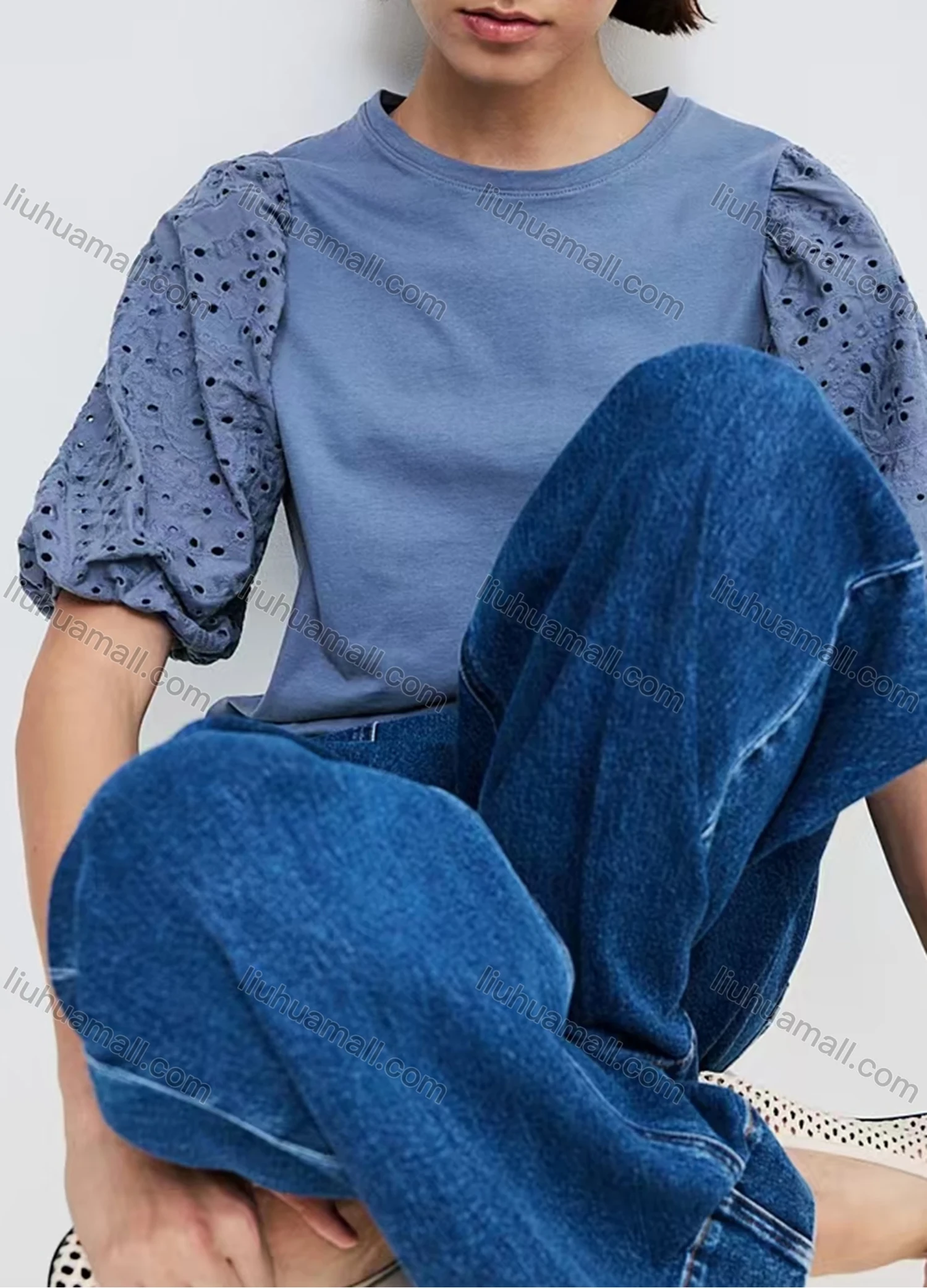 Wholesale Women's Casual Puff Sleeve Crew Neck Plain Eyelet Embroidered Ruched Blouse - Liuhuamall