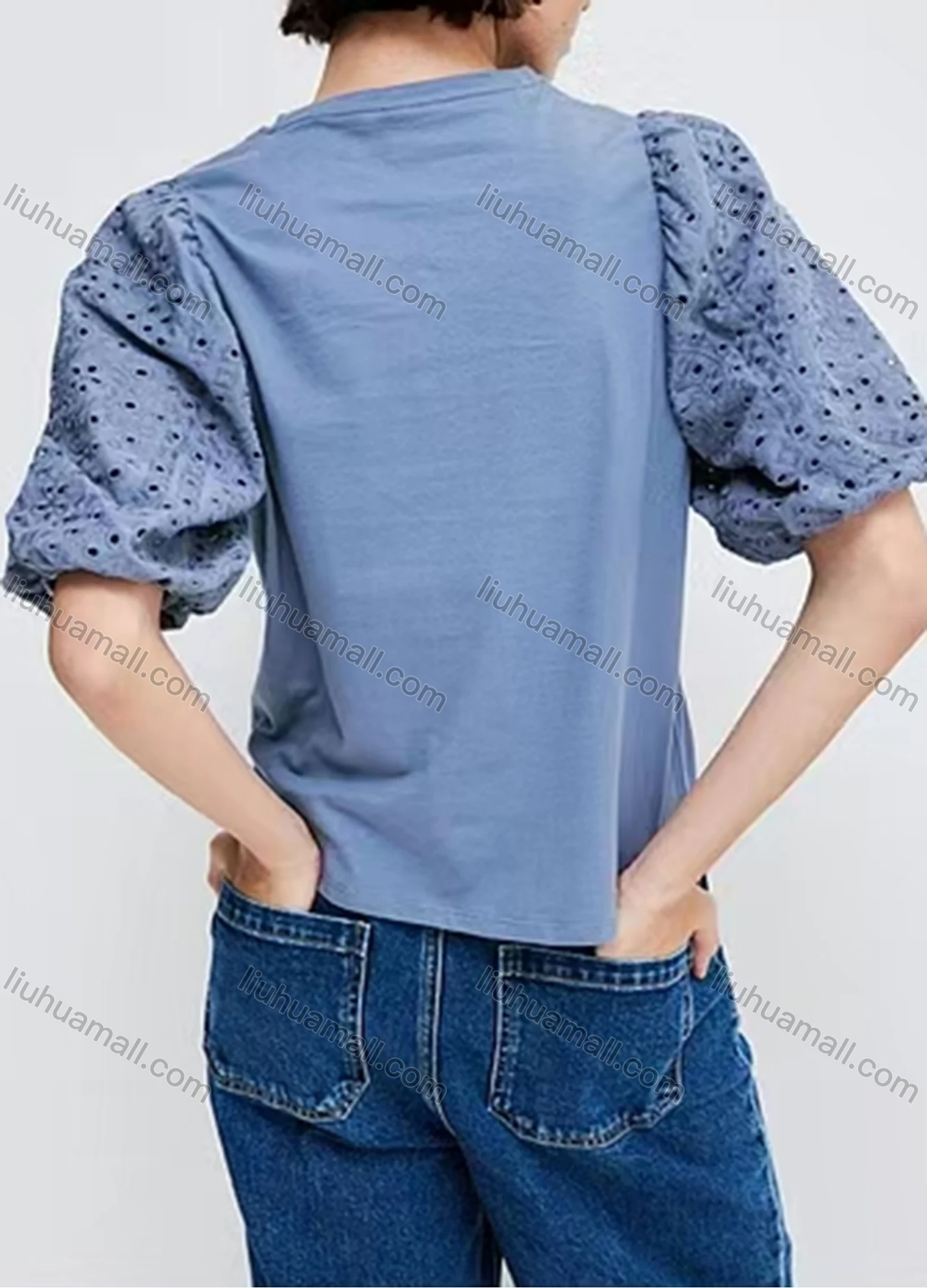 Wholesale Women's Casual Puff Sleeve Crew Neck Plain Eyelet Embroidered Ruched Blouse - Liuhuamall