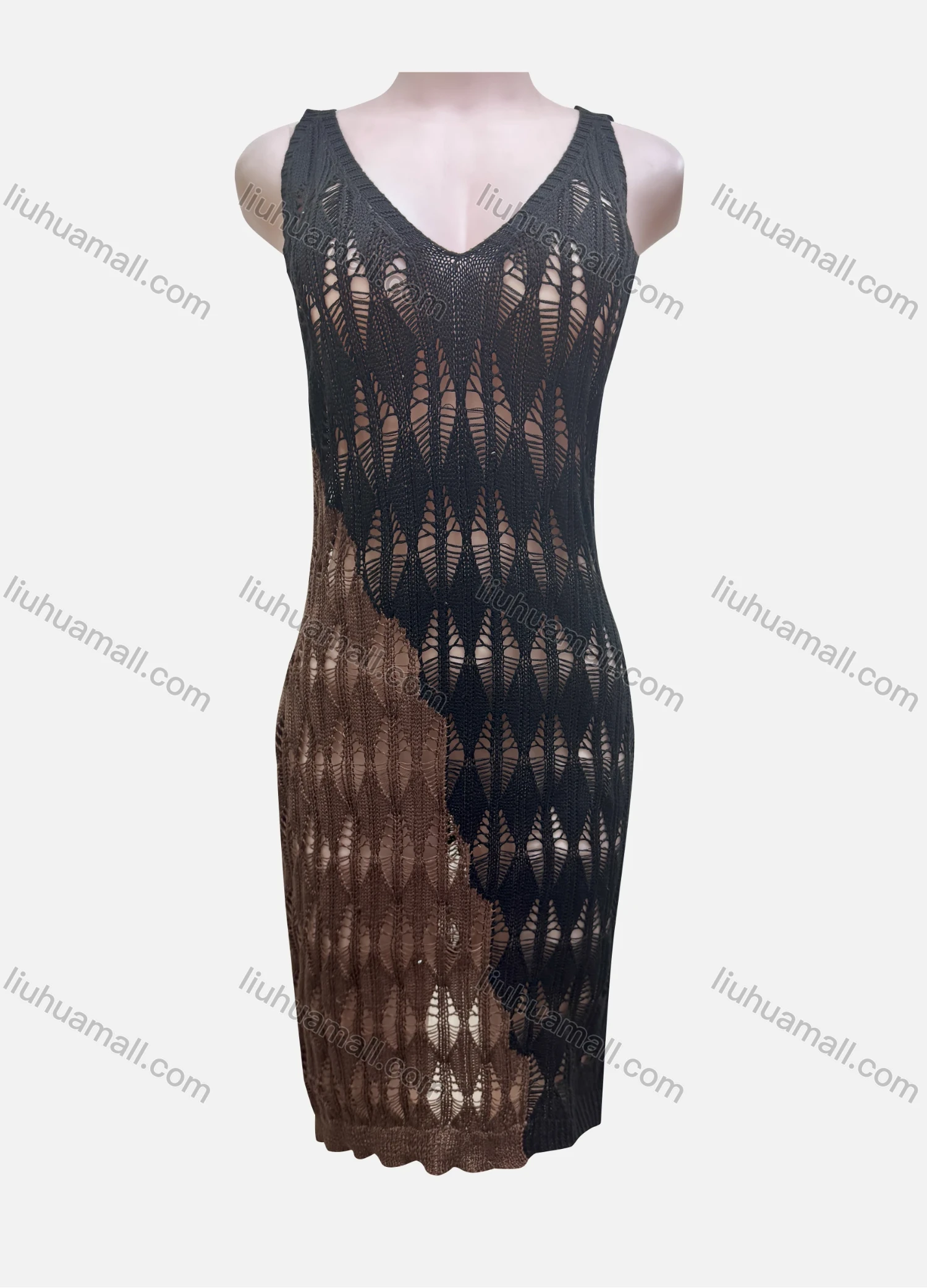 Wholesale Women's Vacation Plain Hollow Out V Neck Cover Up Tank Dress F162# - Liuhuamall