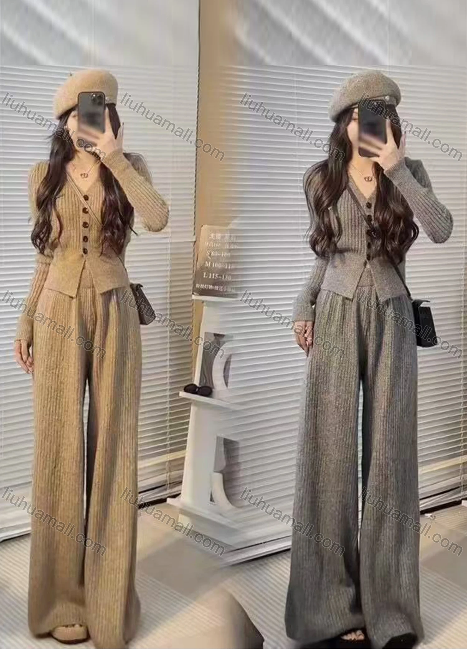 Wholesale Women's Casual Plain Long Sleeve Ribbed Button Down V Neck Top & Flare Leg Pants 2 Piece Set - Liuhuamall