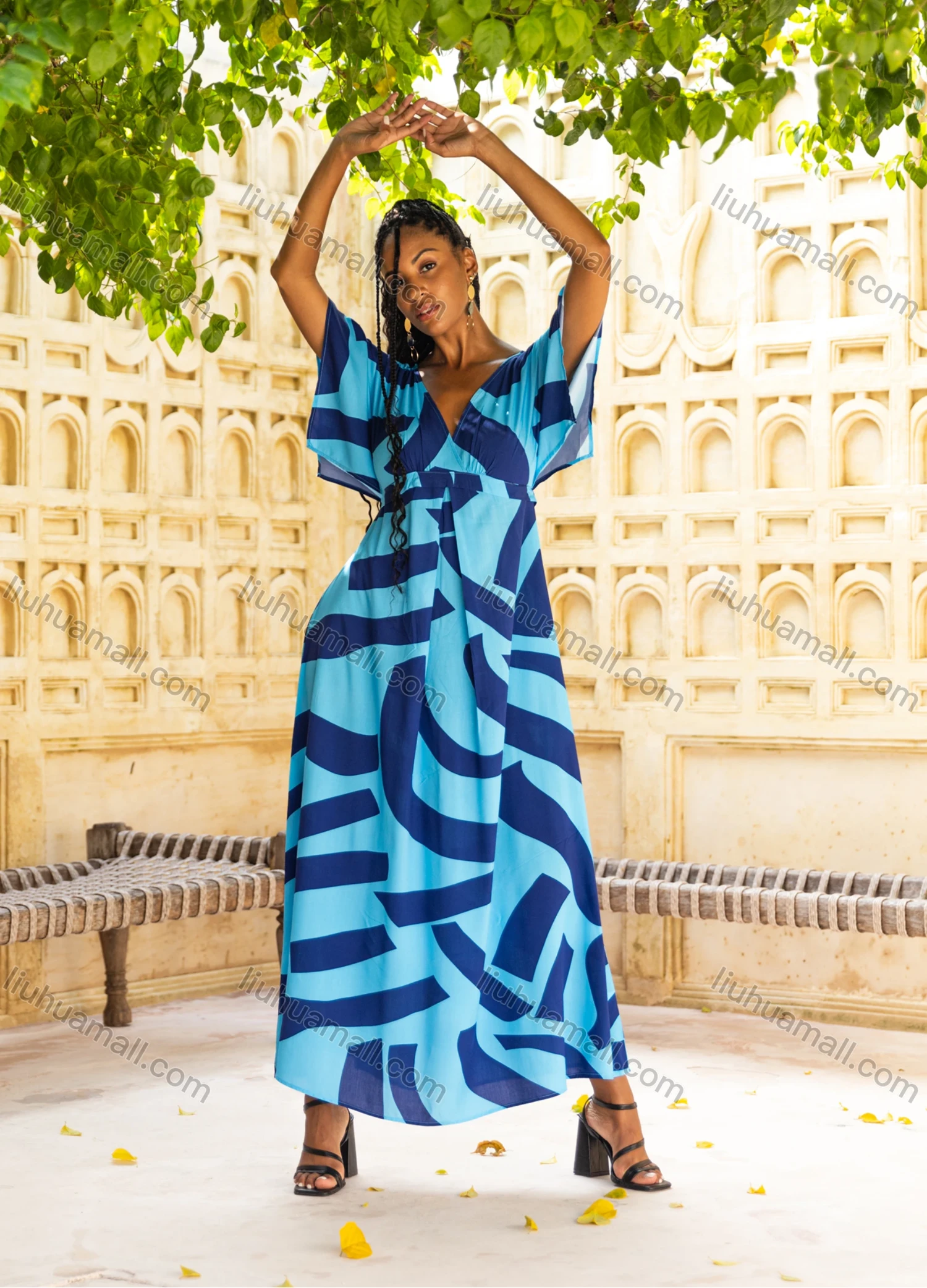 Wholesale Women's Casual Stripe Print Wrap Deep V Neck Ruched Short Sleeve Woven Maxi Dress V5415# - Liuhuamall