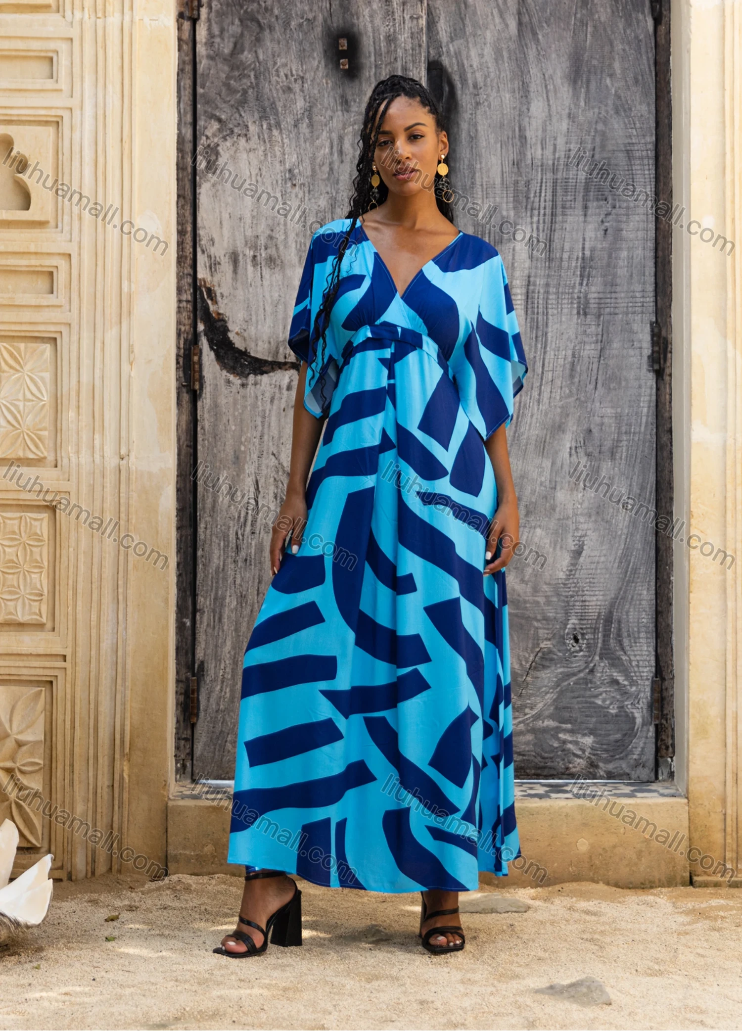 Wholesale Women's Casual Stripe Print Wrap Deep V Neck Ruched Short Sleeve Woven Maxi Dress V5415# - Liuhuamall