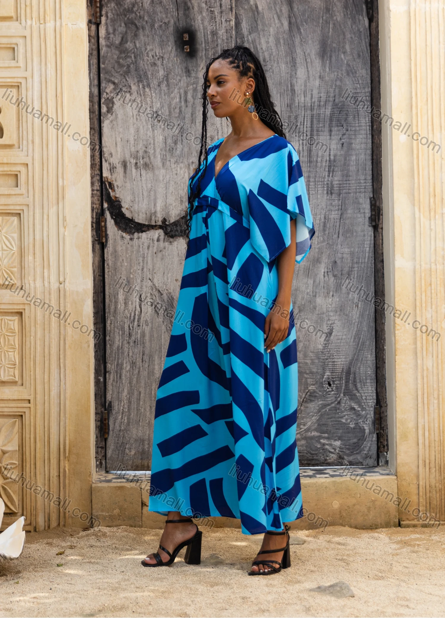 Wholesale Women's Casual Stripe Print Wrap Deep V Neck Ruched Short Sleeve Woven Maxi Dress V5415# - Liuhuamall