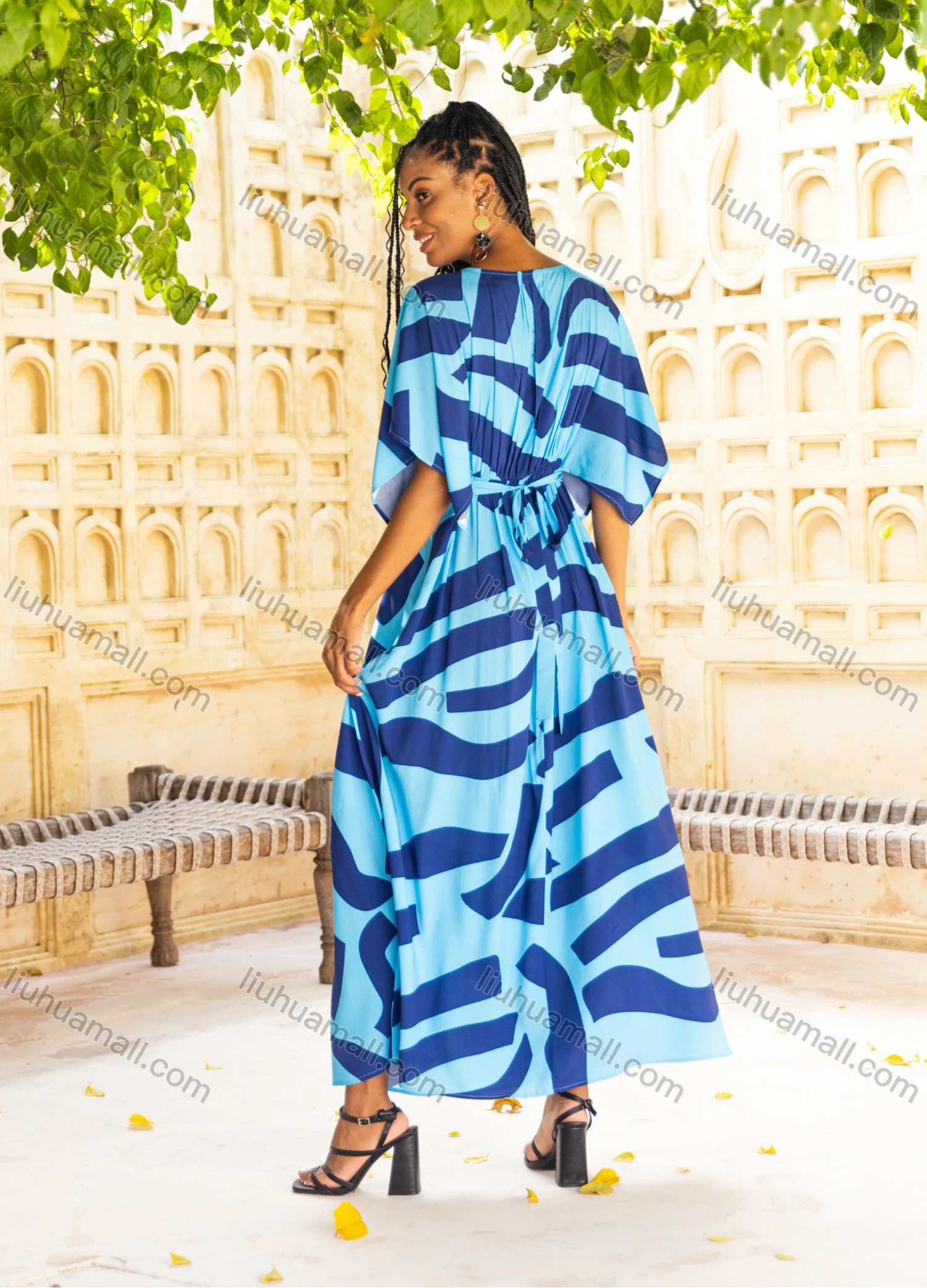 Wholesale Women's Casual Stripe Print Wrap Deep V Neck Ruched Short Sleeve Woven Maxi Dress V5415# - Liuhuamall