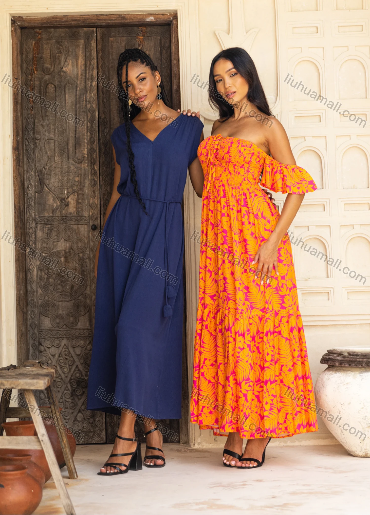 Wholesale Women's Casual Leaf Print Off Shoulder Tie Front Shirred Ruffle Hem Ruched Woven Maxi Dress K1699-19# - Liuhuamall