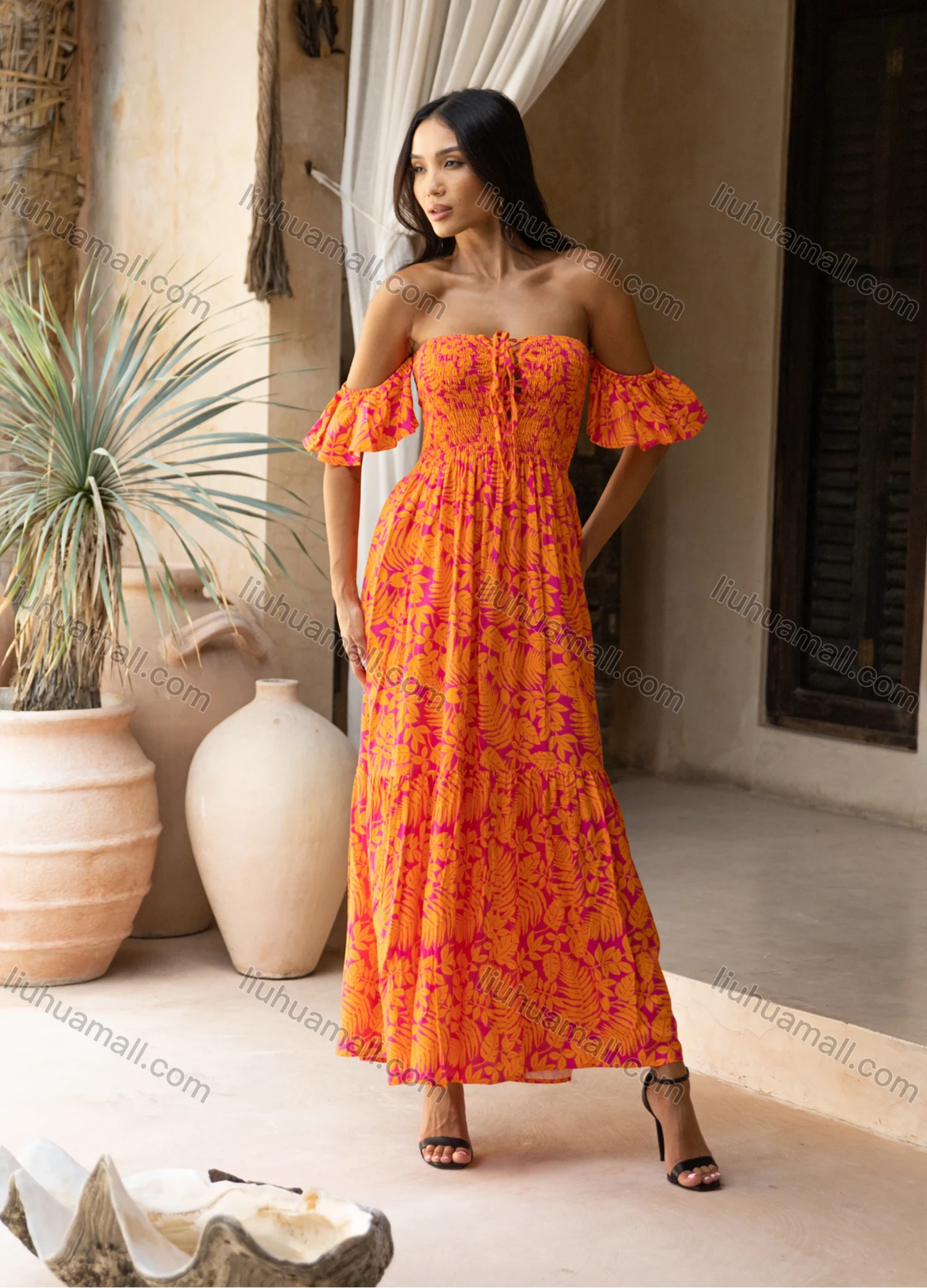 Wholesale Women's Casual Leaf Print Off Shoulder Tie Front Shirred Ruffle Hem Ruched Woven Maxi Dress K1699-19# - Liuhuamall