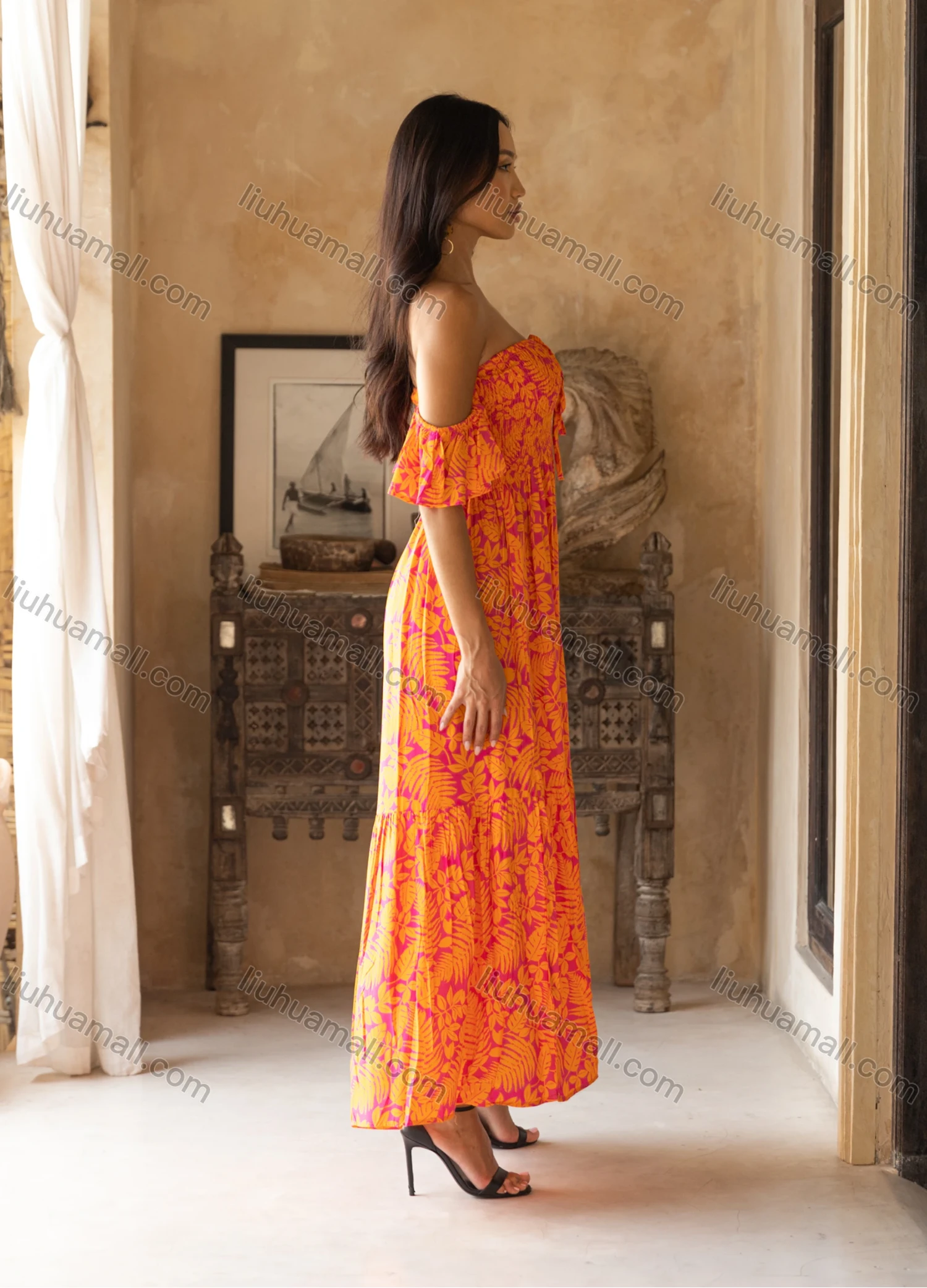 Wholesale Women's Casual Leaf Print Off Shoulder Tie Front Shirred Ruffle Hem Ruched Woven Maxi Dress K1699-19# - Liuhuamall