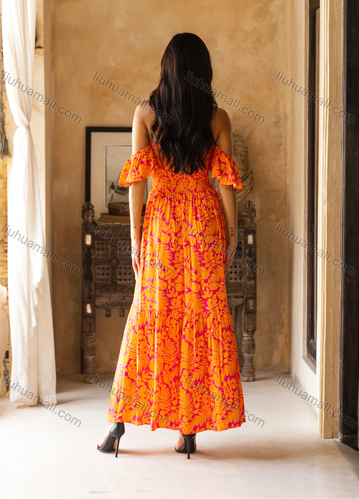 Wholesale Women's Casual Leaf Print Off Shoulder Tie Front Shirred Ruffle Hem Ruched Woven Maxi Dress K1699-19# - Liuhuamall