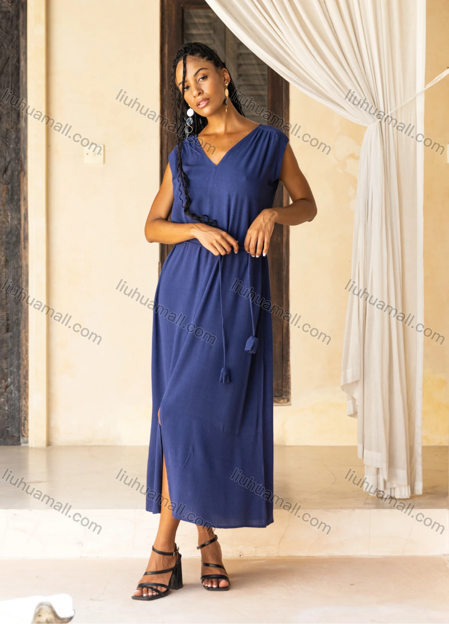 Wholesale Women's Casual Plain V Neck Woven Split Front Maxi Tank Dress V5426# - Liuhuamall