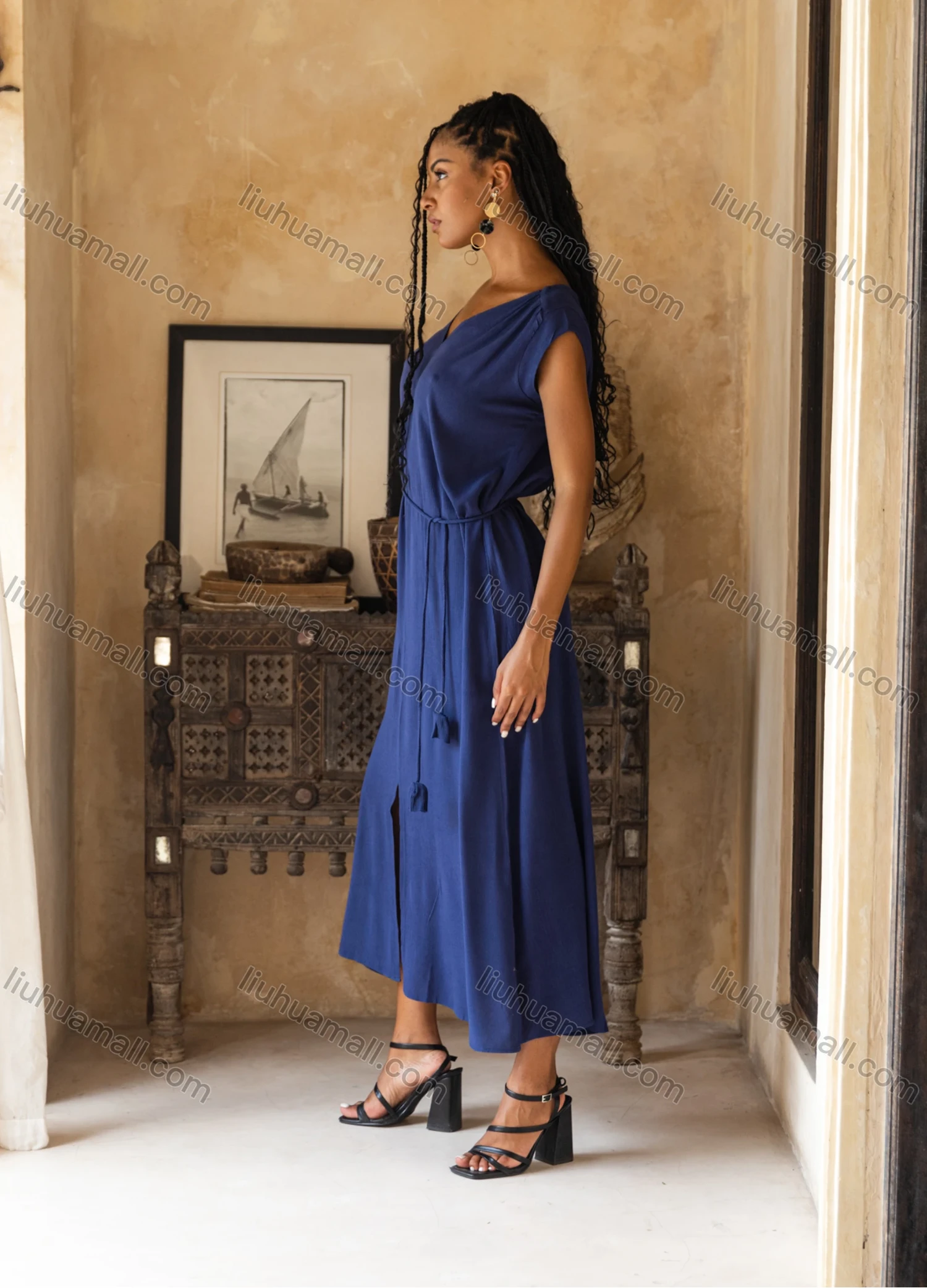 Wholesale Women's Casual Plain V Neck Woven Split Front Maxi Tank Dress V5426# - Liuhuamall