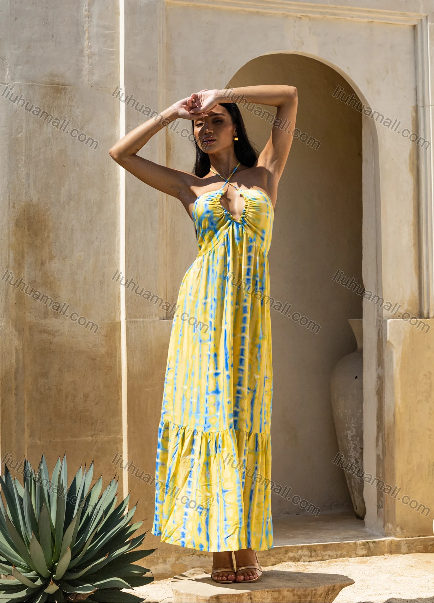 Wholesale Women's Casual Abstract Print Lace Up Back Ruched Ruffle Hem Woven Maxi Halter Dress V5433# - Liuhuamall