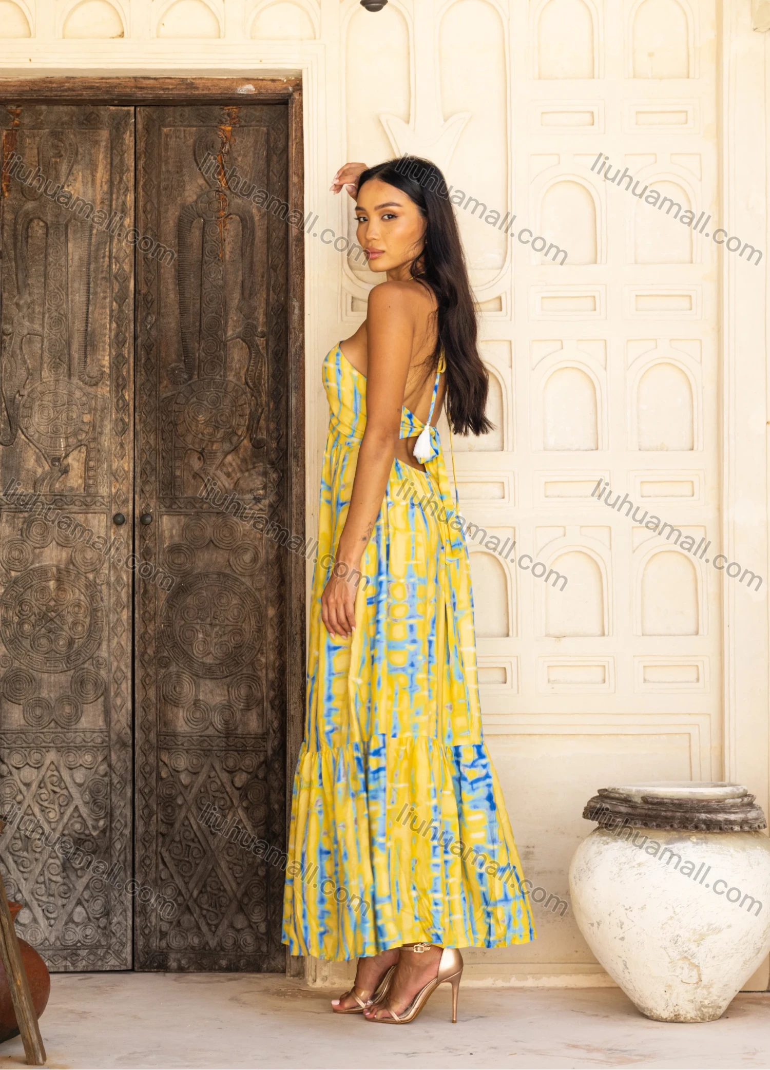 Wholesale Women's Casual Abstract Print Lace Up Back Ruched Ruffle Hem Woven Maxi Halter Dress V5433# - Liuhuamall