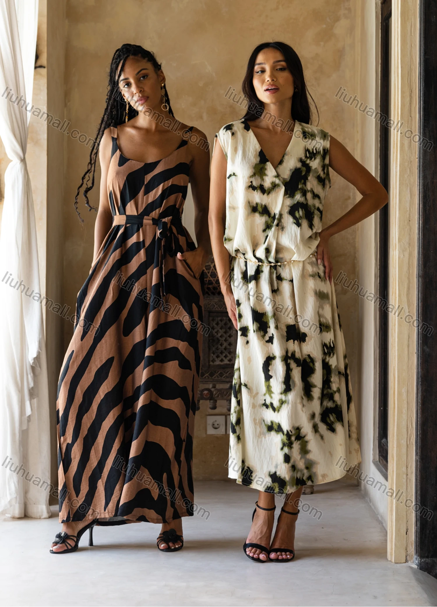 Wholesale Women's Casual Abstract Print V Neck Woven Maxi Tank Dress 2409451# - Liuhuamall