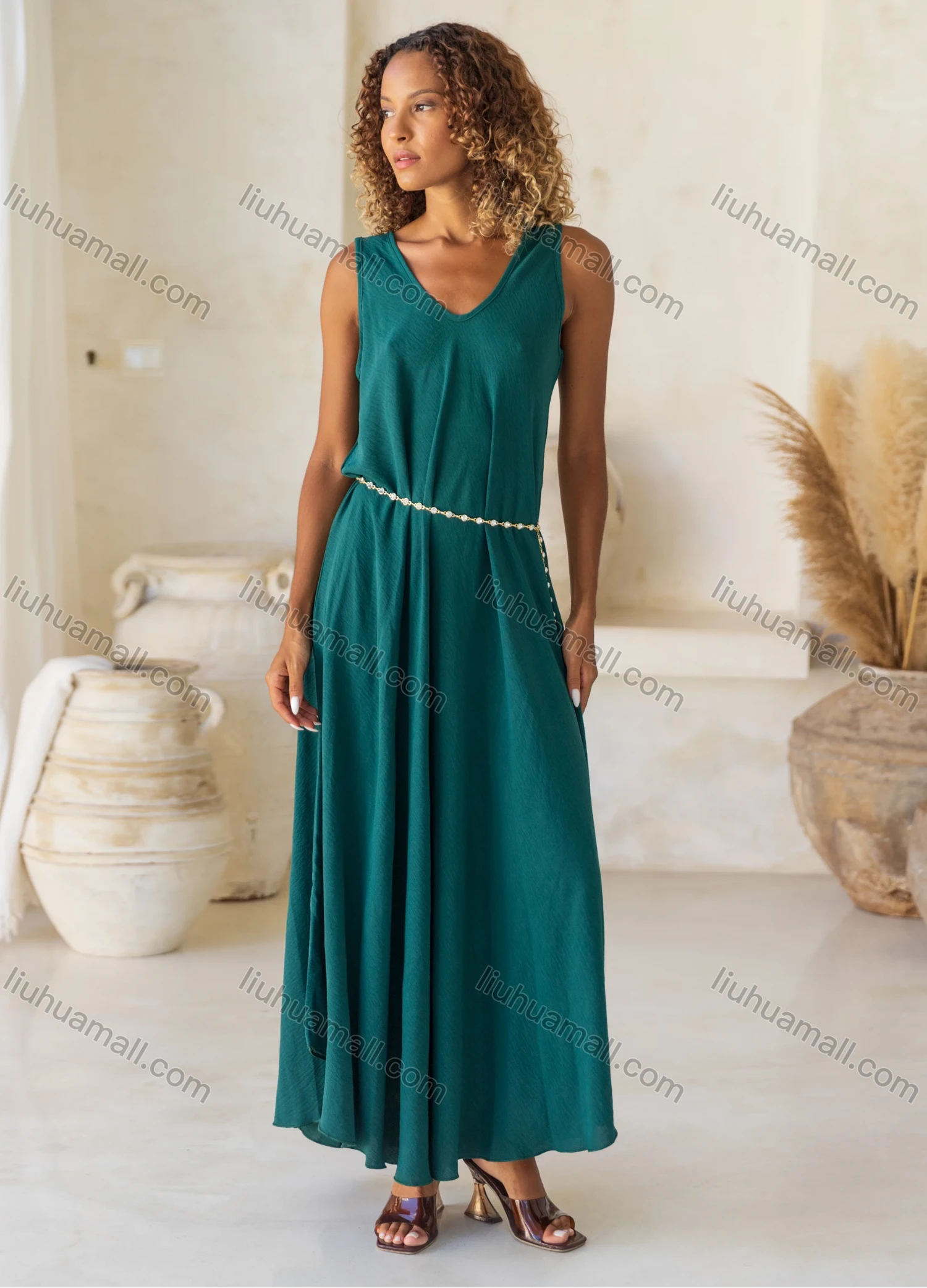 Wholesale Women's Casual Plain V Neck Woven Maxi Tank Dress JSN149# - Liuhuamall