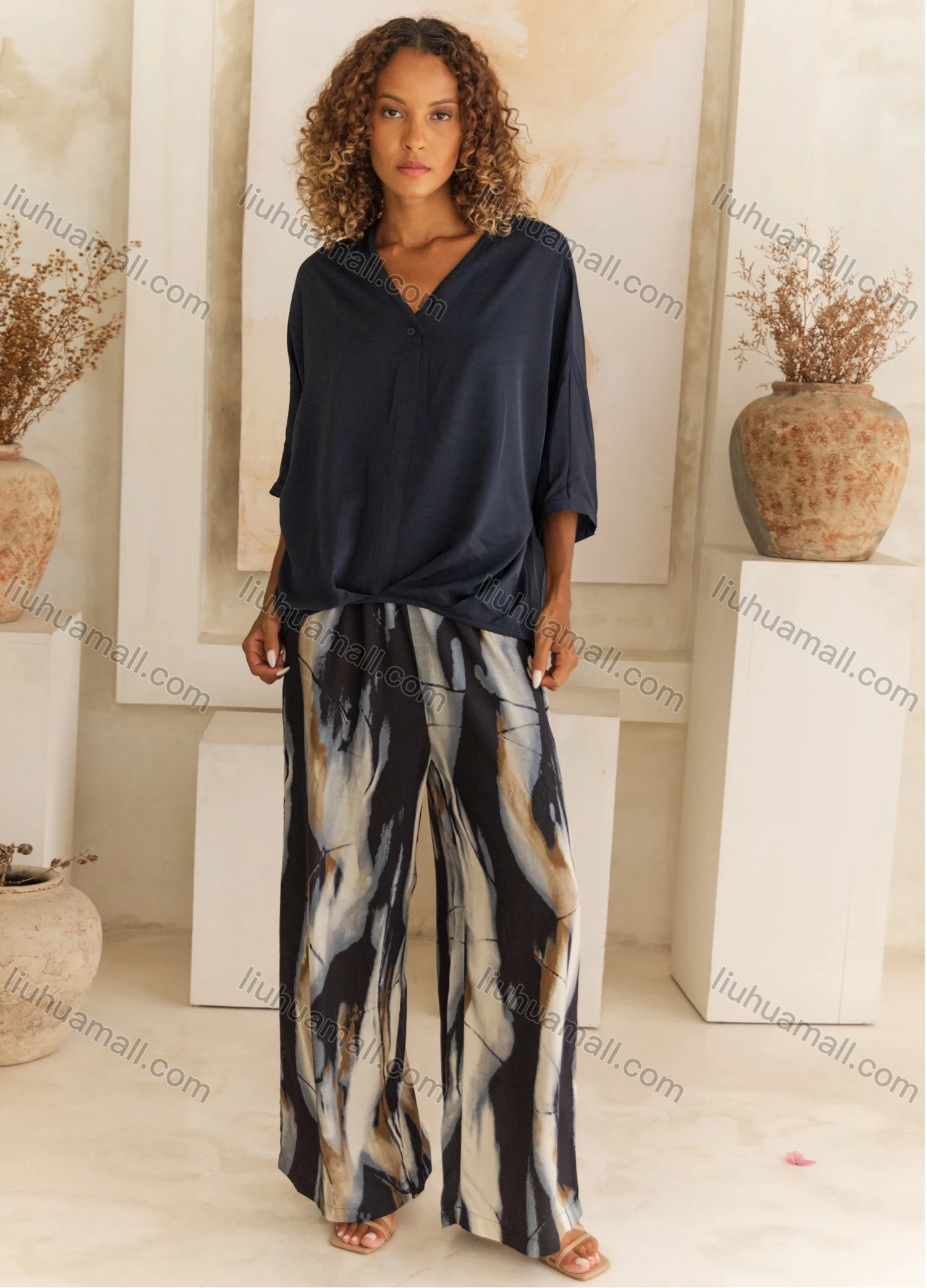 Wholesale Women's Casual Abstract Print High Waist Wide Leg Woven Pant V5312# - Liuhuamall
