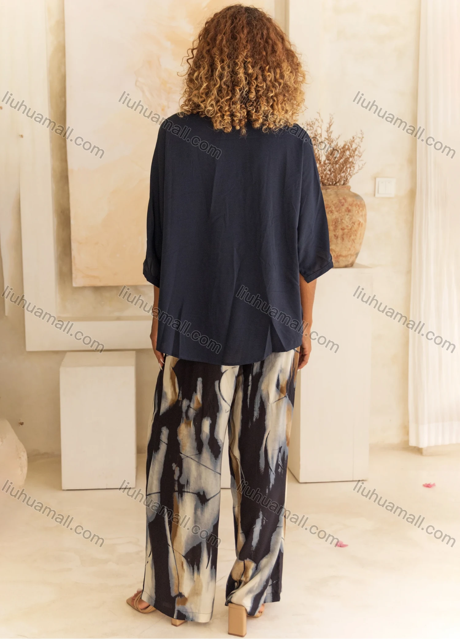 Wholesale Women's Casual Abstract Print High Waist Wide Leg Woven Pant V5312# - Liuhuamall