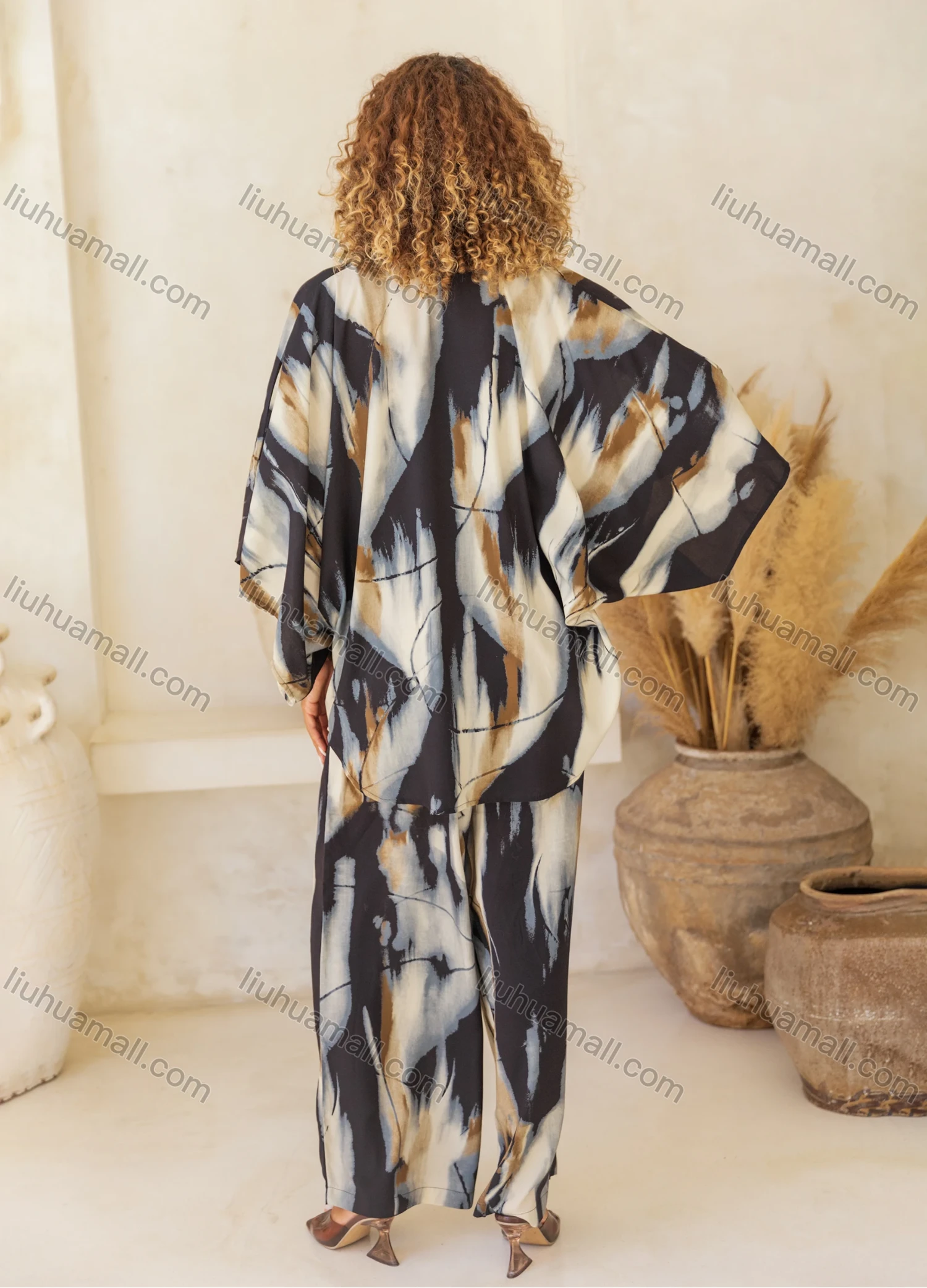 Wholesale Women's Casual Abstract Print High Waist Wide Leg Woven Pant V5312# - Liuhuamall