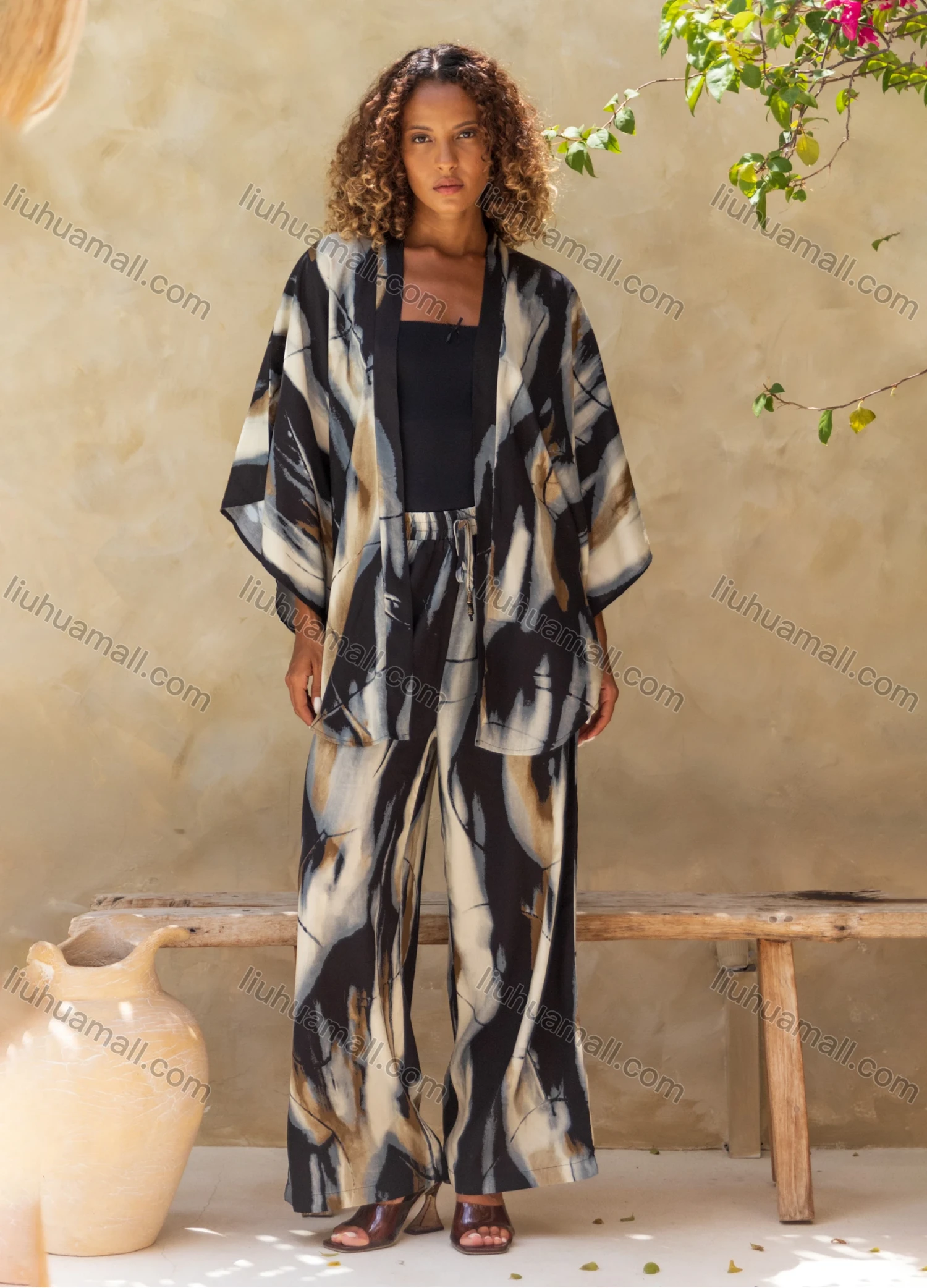 Wholesale Women's Casual Abstract Print High Waist Wide Leg Woven Pant V5312# - Liuhuamall