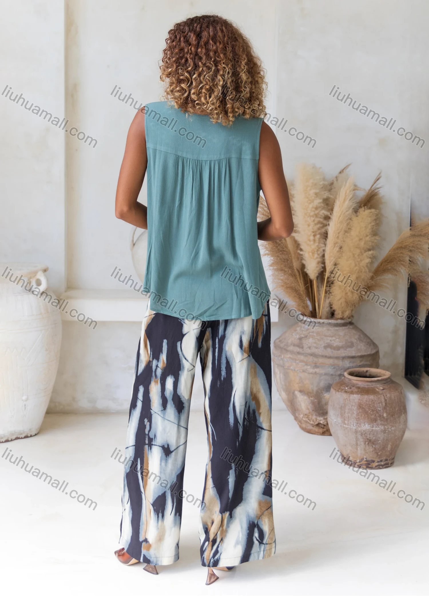 Wholesale Women's Casual Abstract Print High Waist Wide Leg Woven Pant V5312# - Liuhuamall