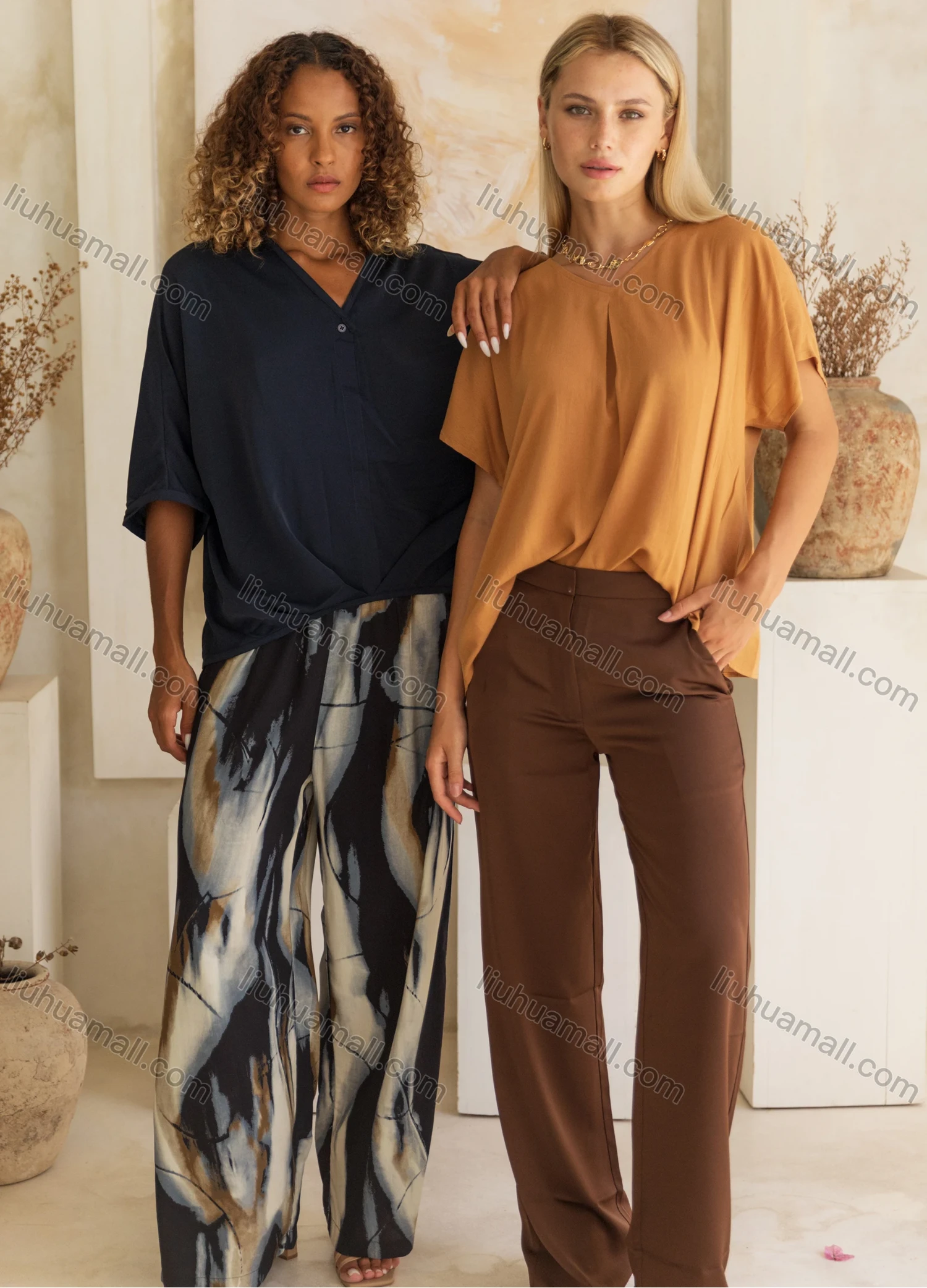 Wholesale Women's Casual Abstract Print High Waist Wide Leg Woven Pant V5312# - Liuhuamall